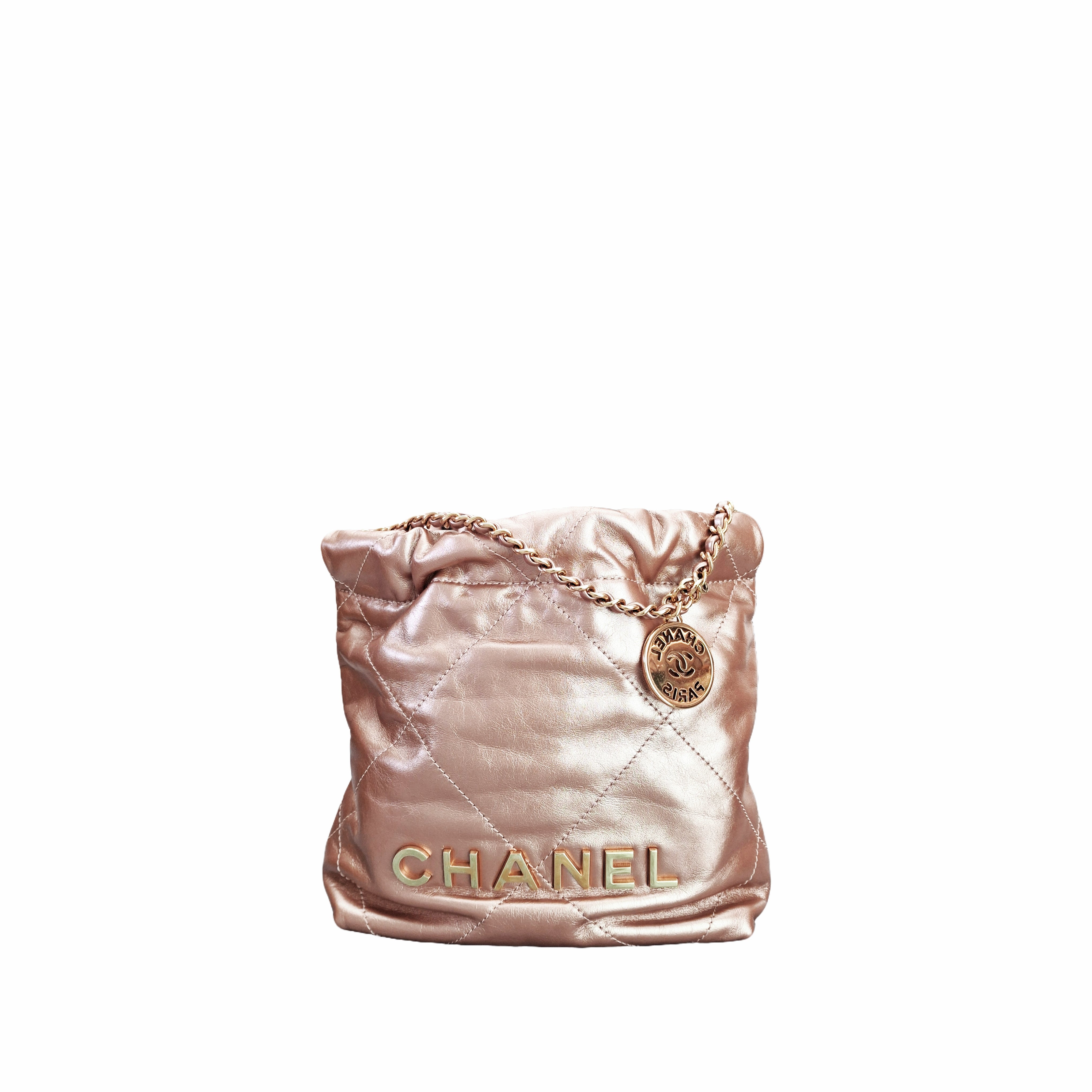 CHANEL 22 BAG Mini in Shiny Calfskin and Gold-tone Metal (Pink)