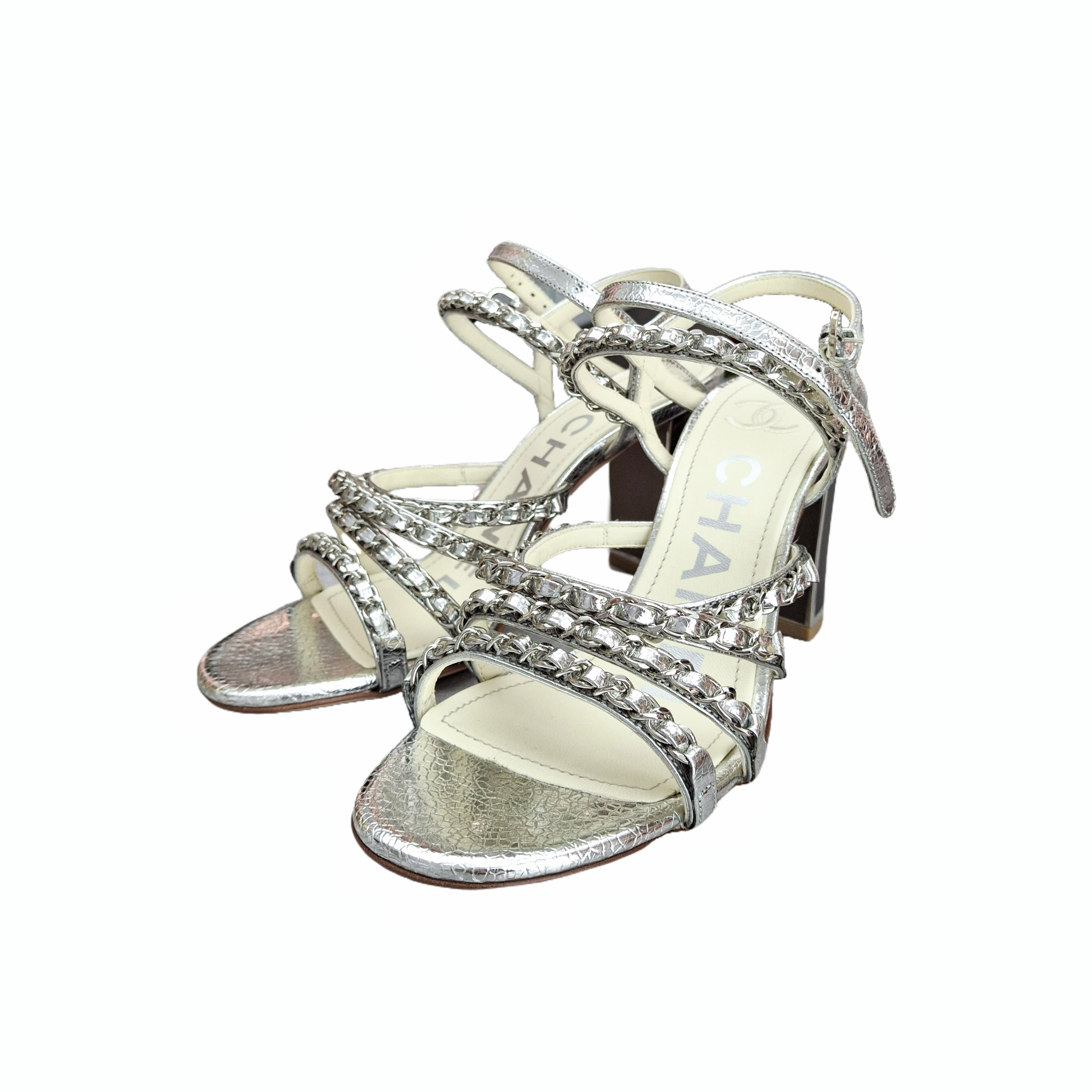 Chanel Lame Goatskin Chain Sandals (Silver) 37.5