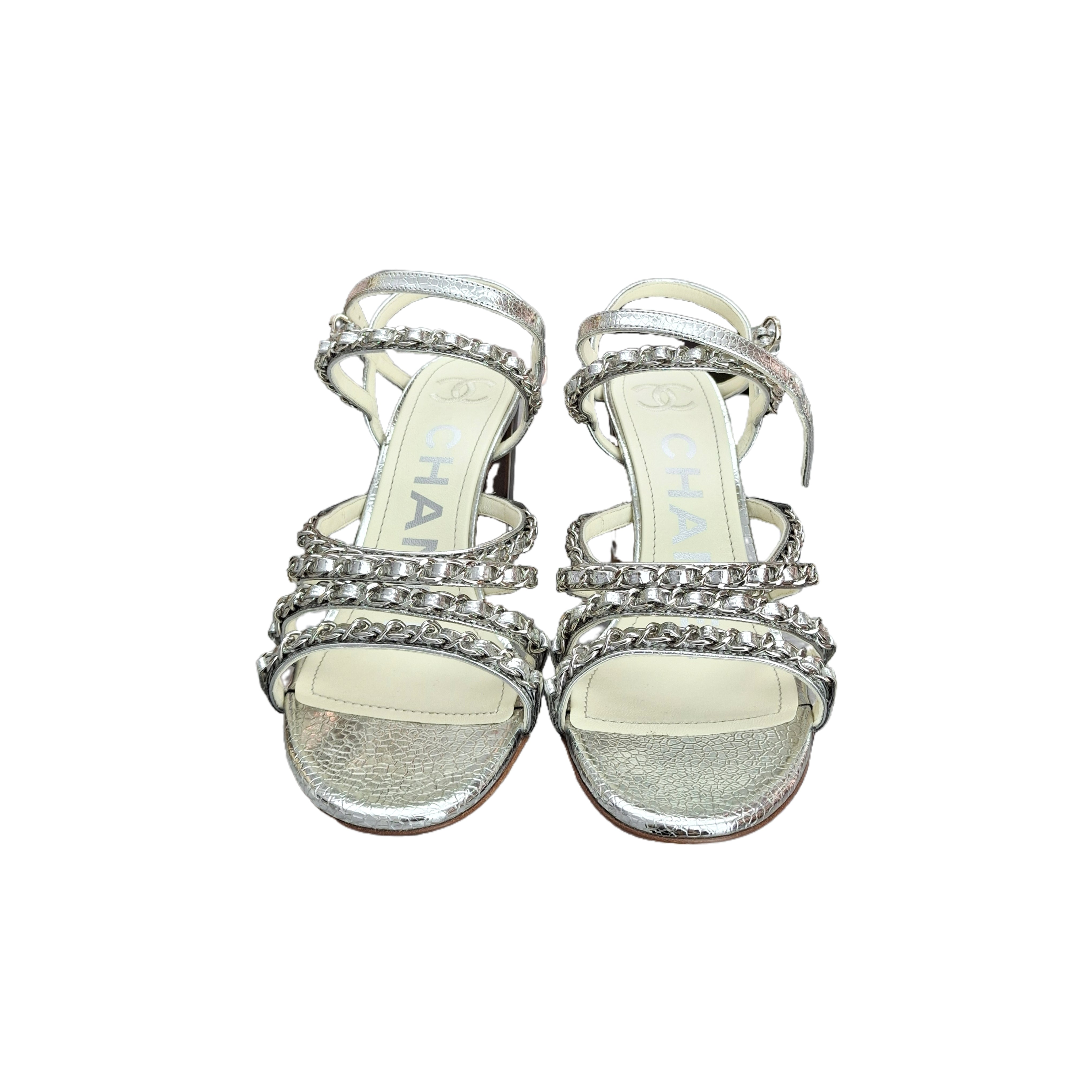 Chanel Lame Goatskin Chain Sandals (Silver) 37.5