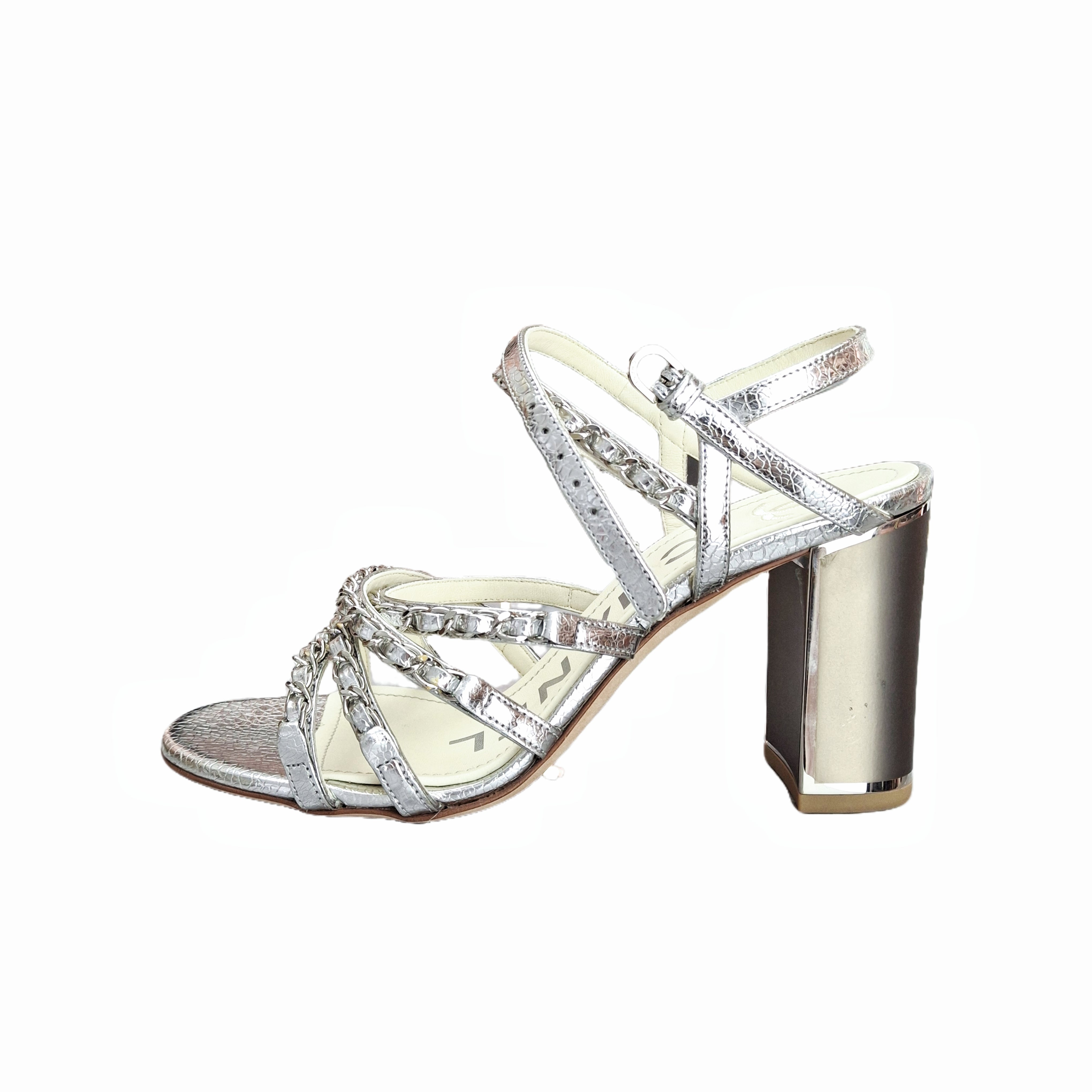 Chanel Lame Goatskin Chain Sandals (Silver) 37.5