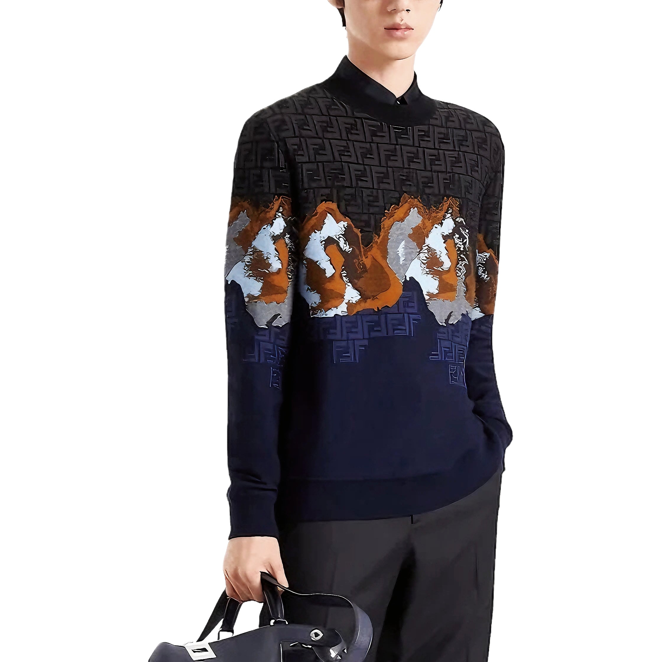 FENDI Gradient-Effect FF Motif Sweater (Dark Navy / Dark Brown) Size 46