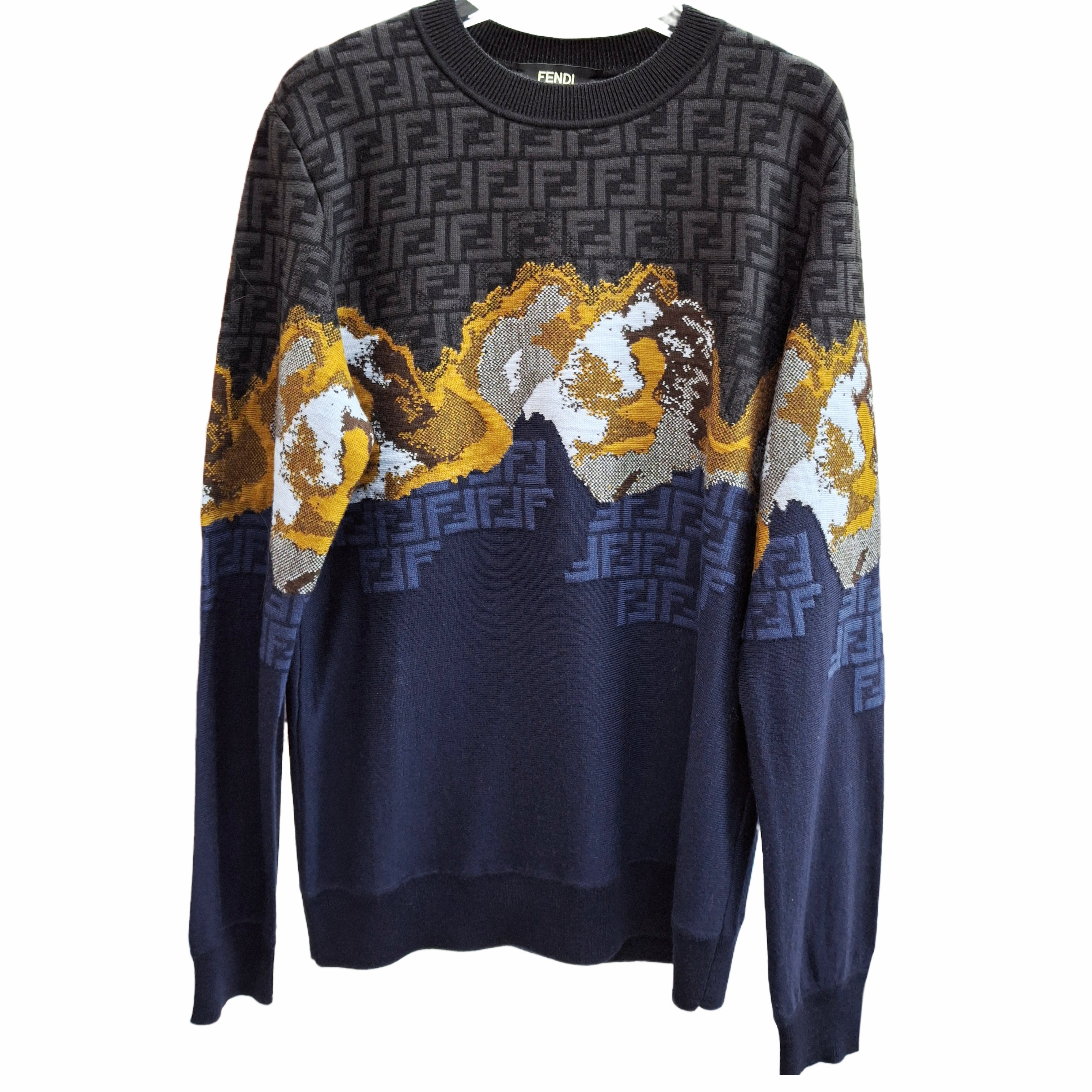 FENDI Gradient-Effect FF Motif Sweater (Dark Navy / Dark Brown) Size 46