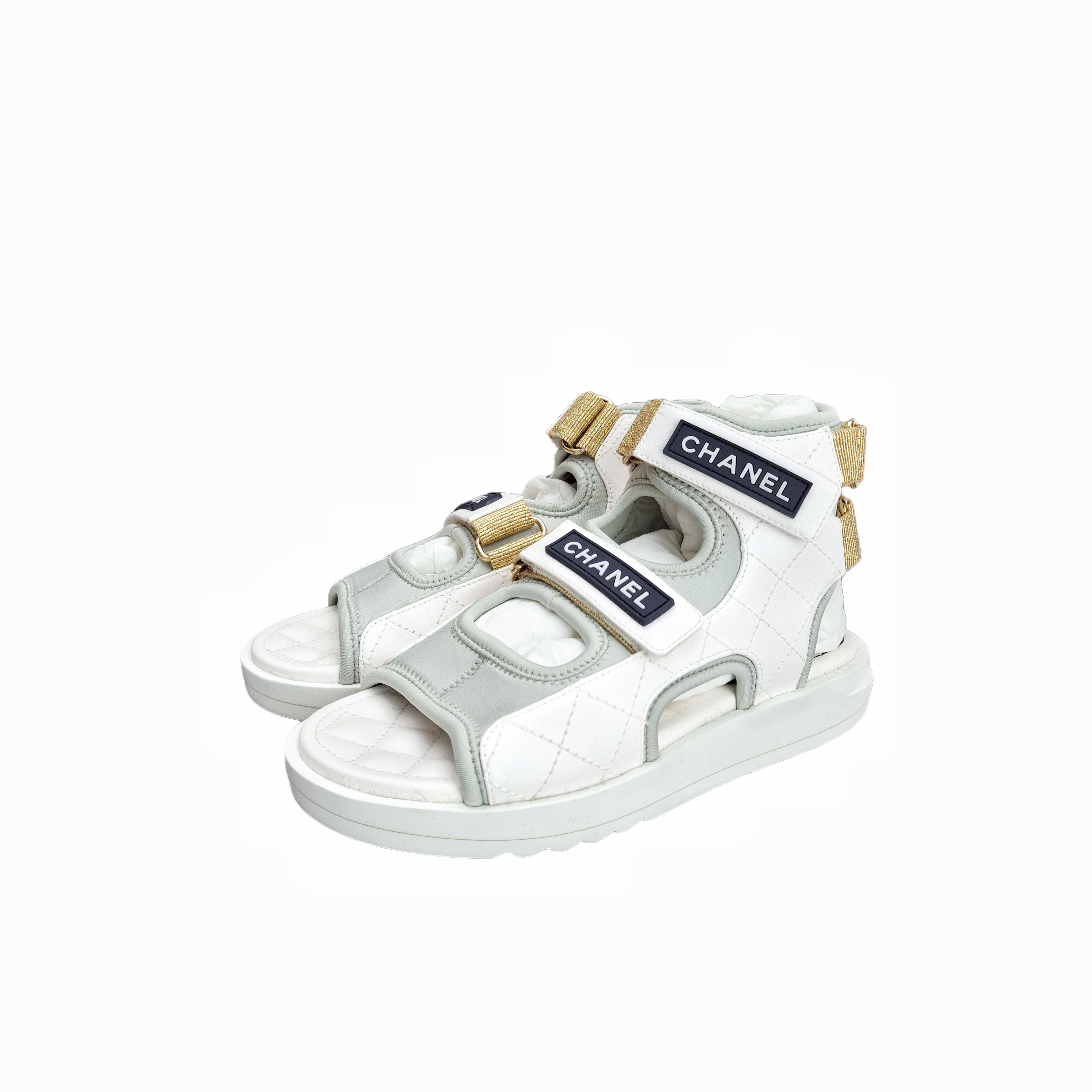 chanel Fabric Gladiator Sandals Goatskin (Gold/White/Navy Blue) 35