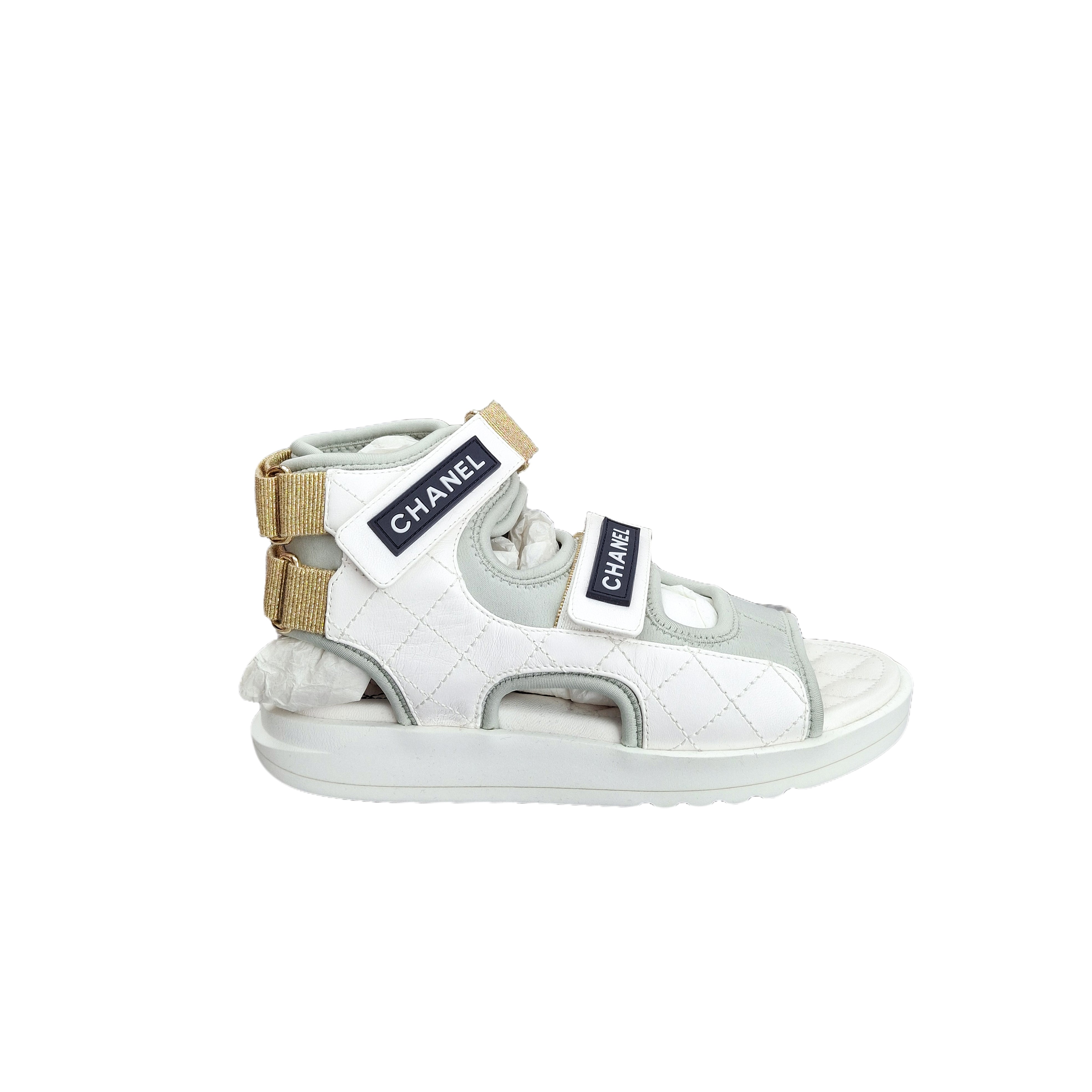 chanel Fabric Gladiator Sandals Goatskin (Gold/White/Navy Blue) 35