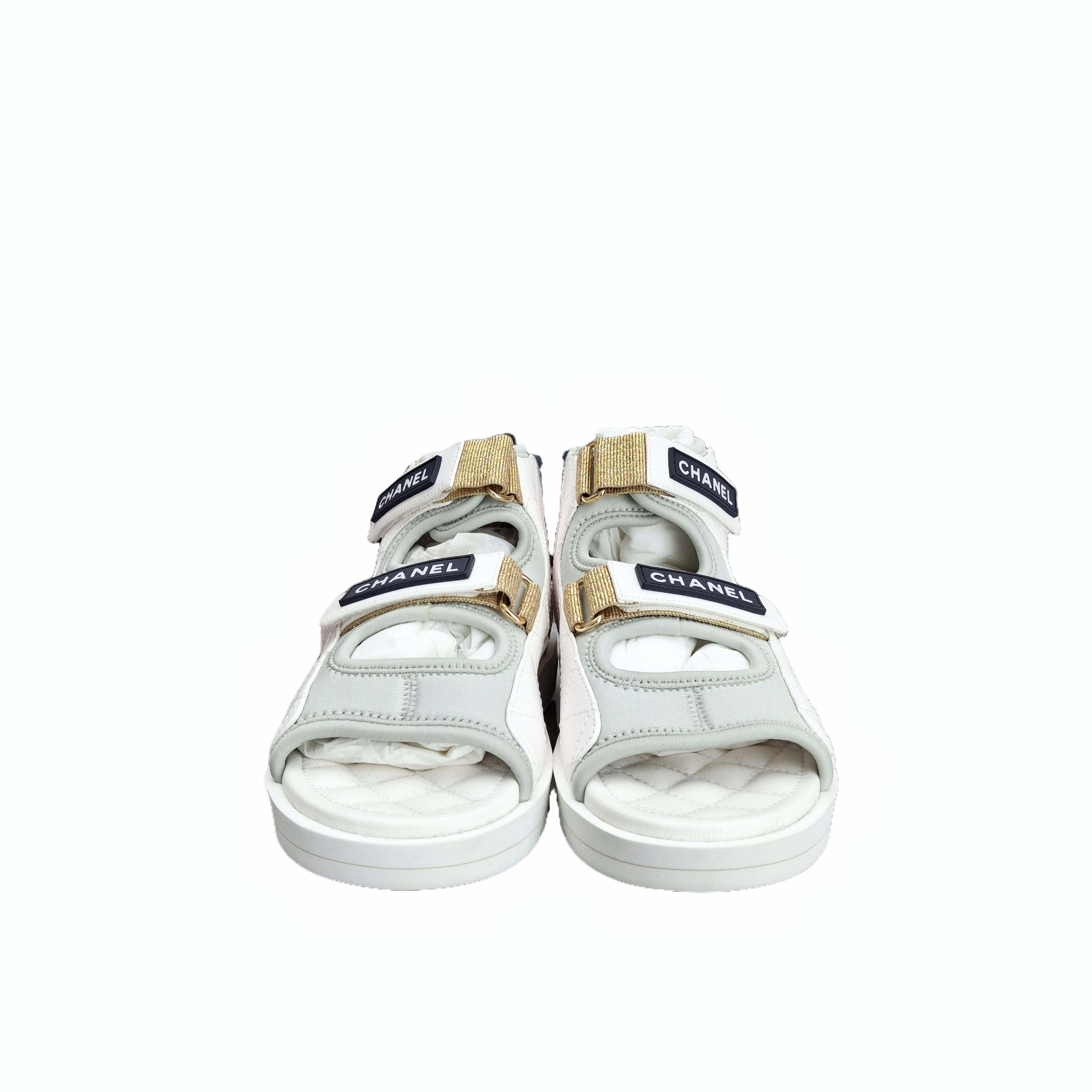 chanel Fabric Gladiator Sandals Goatskin (Gold/White/Navy Blue) 35