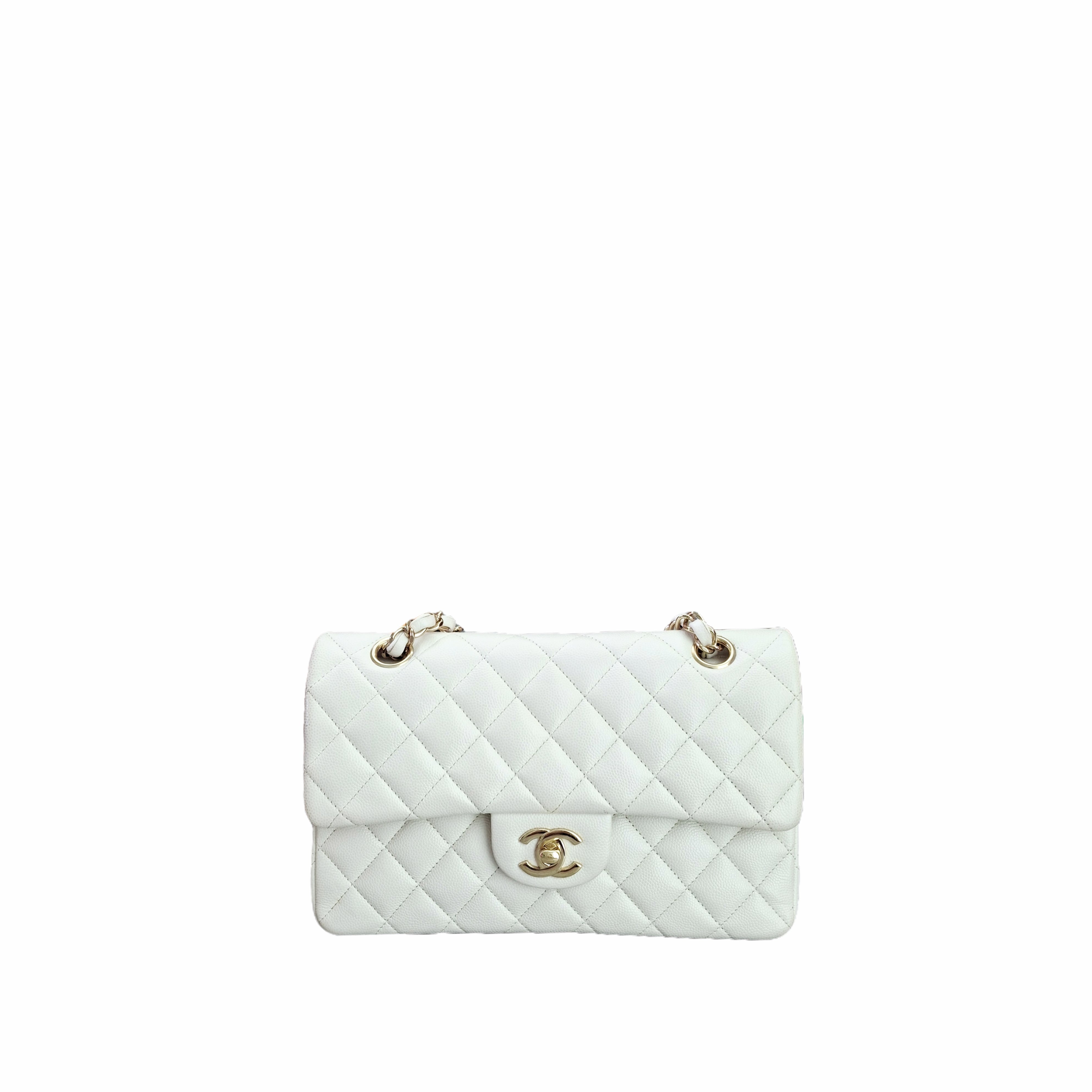 CHANEL Small Classic Flap Handbag calfskin in GHW white