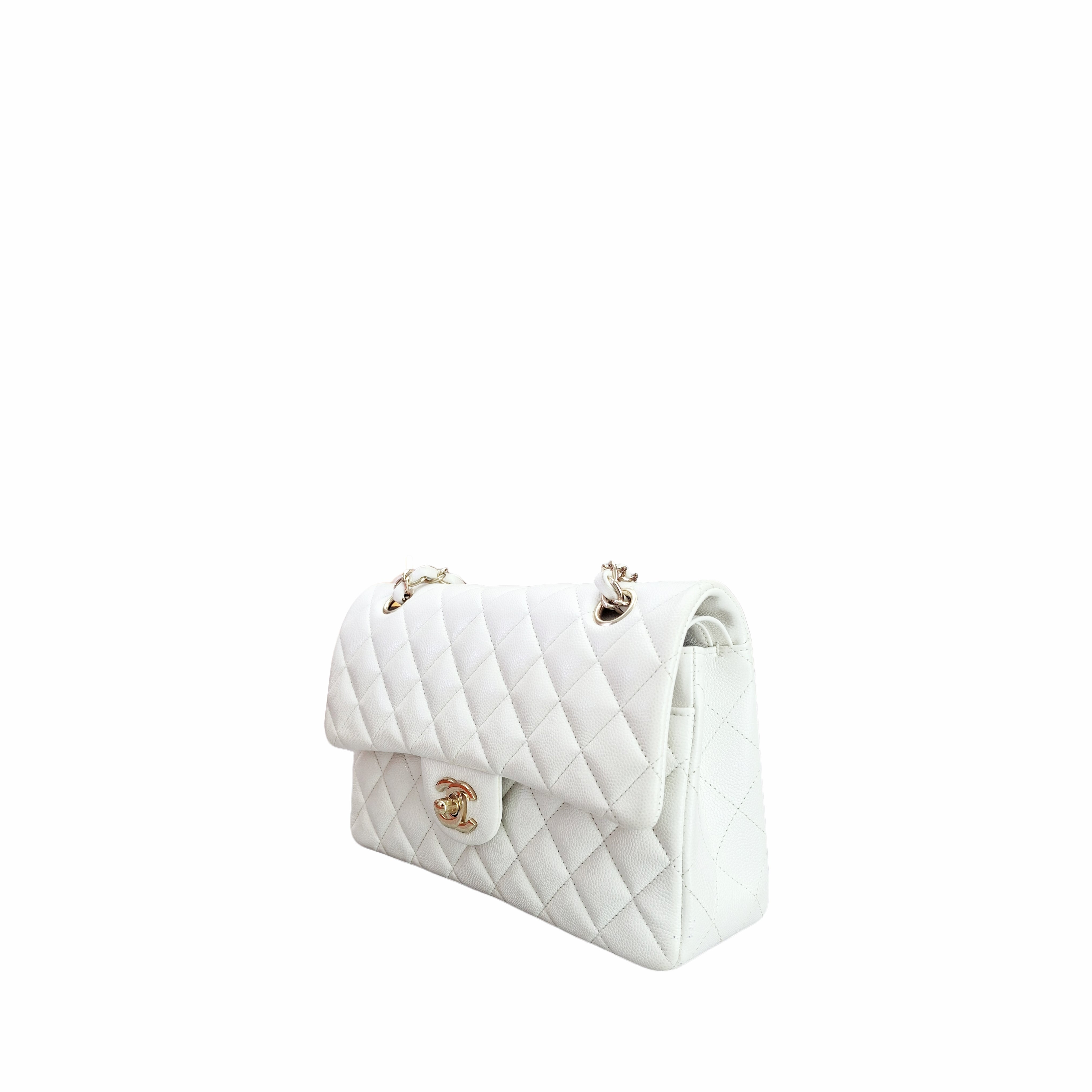 CHANEL Small Classic Flap Handbag calfskin in GHW white