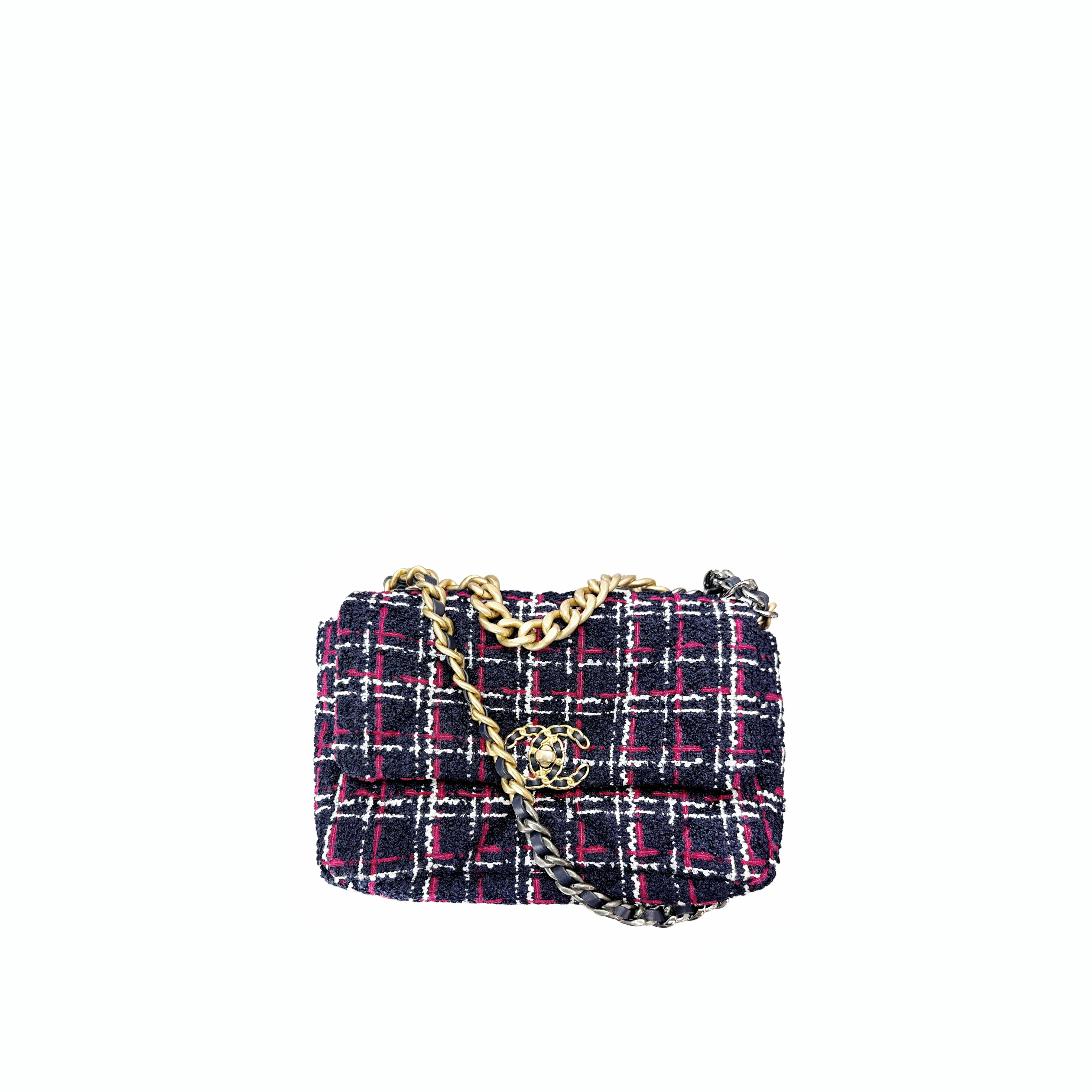 CHANEL 19 handbag tweed material in GHW navy blue, white, and red