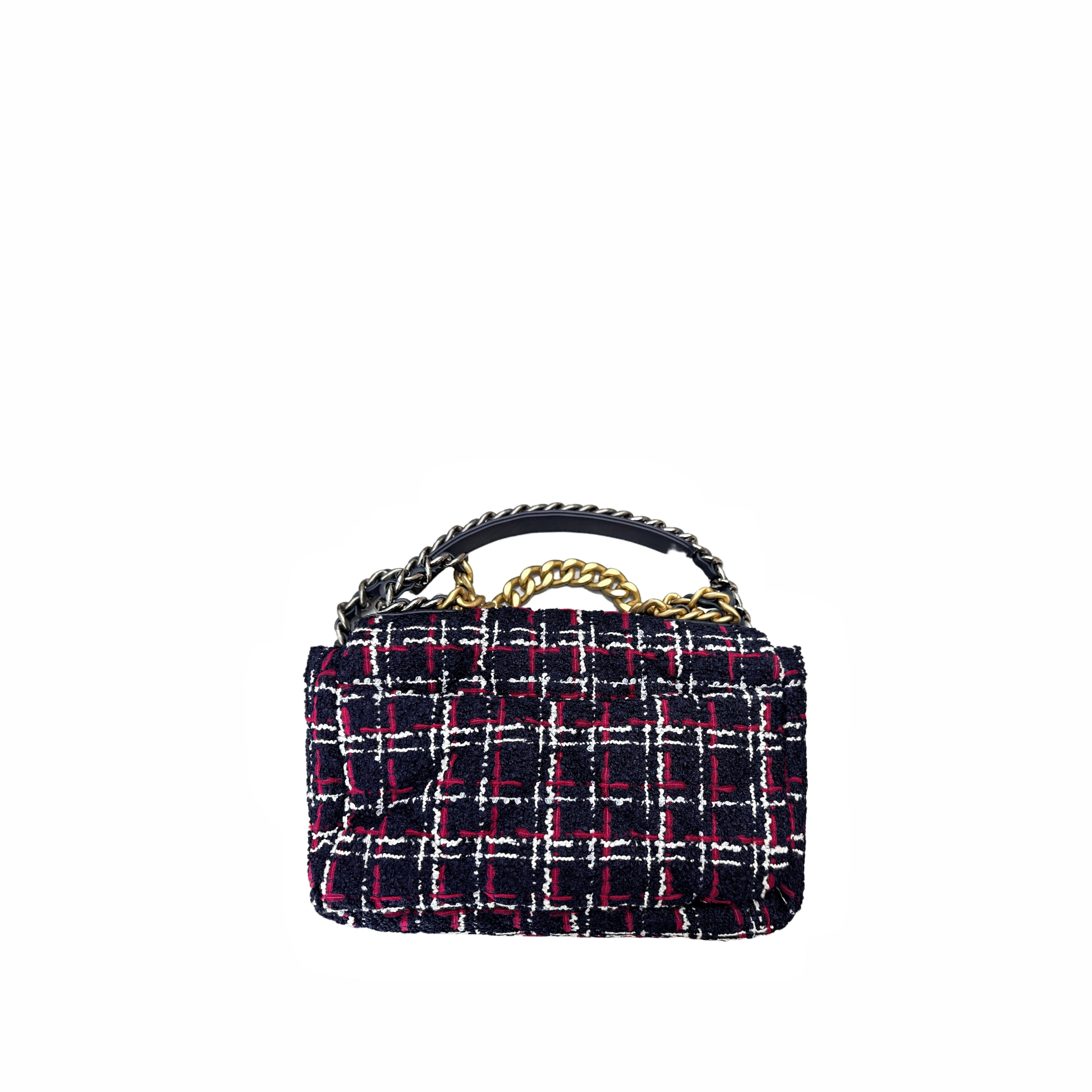 CHANEL 19 handbag tweed material in GHW navy blue, white, and red