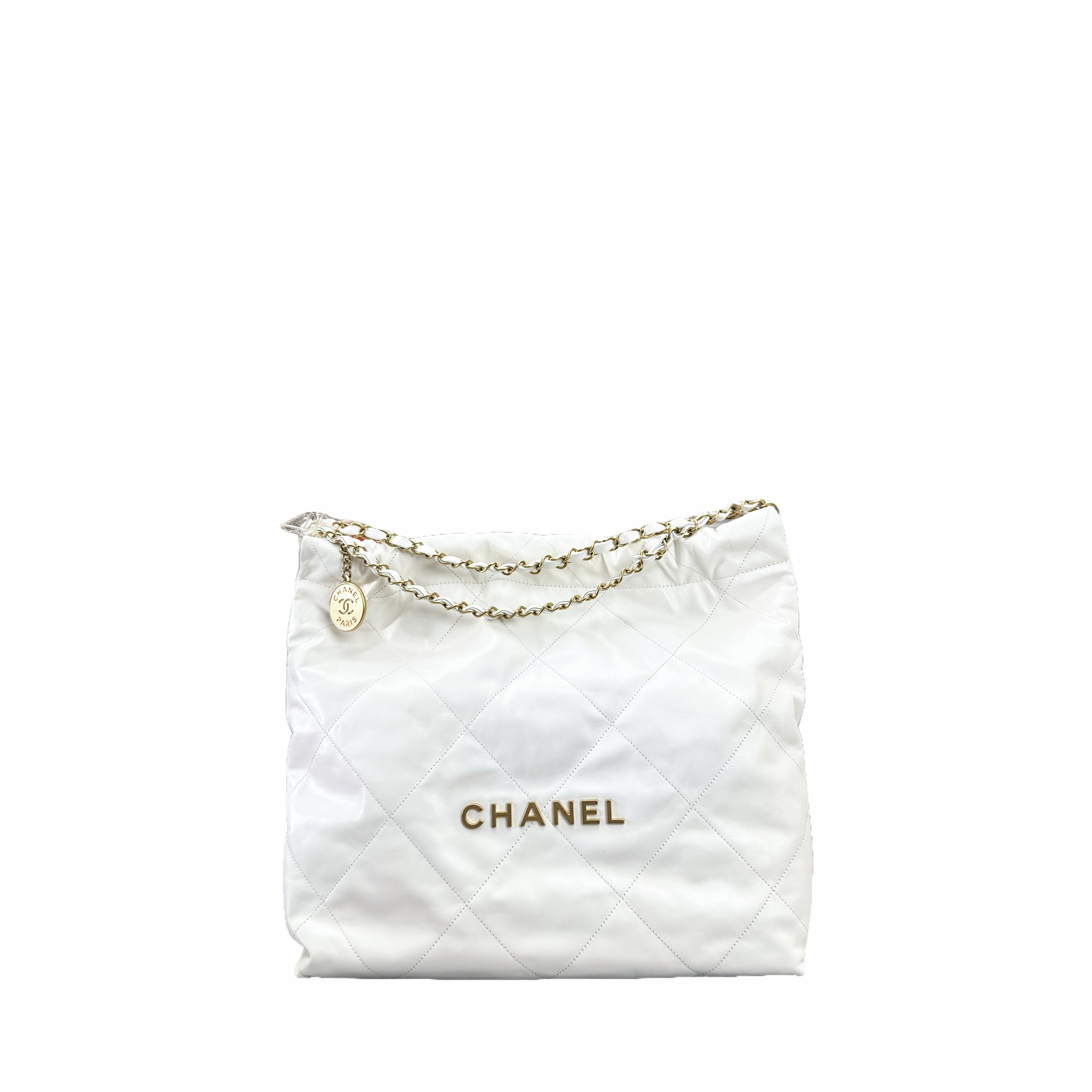 CHANEL 22 BAG Medium in Shiny Calfskin and GHW with Microchip (White）