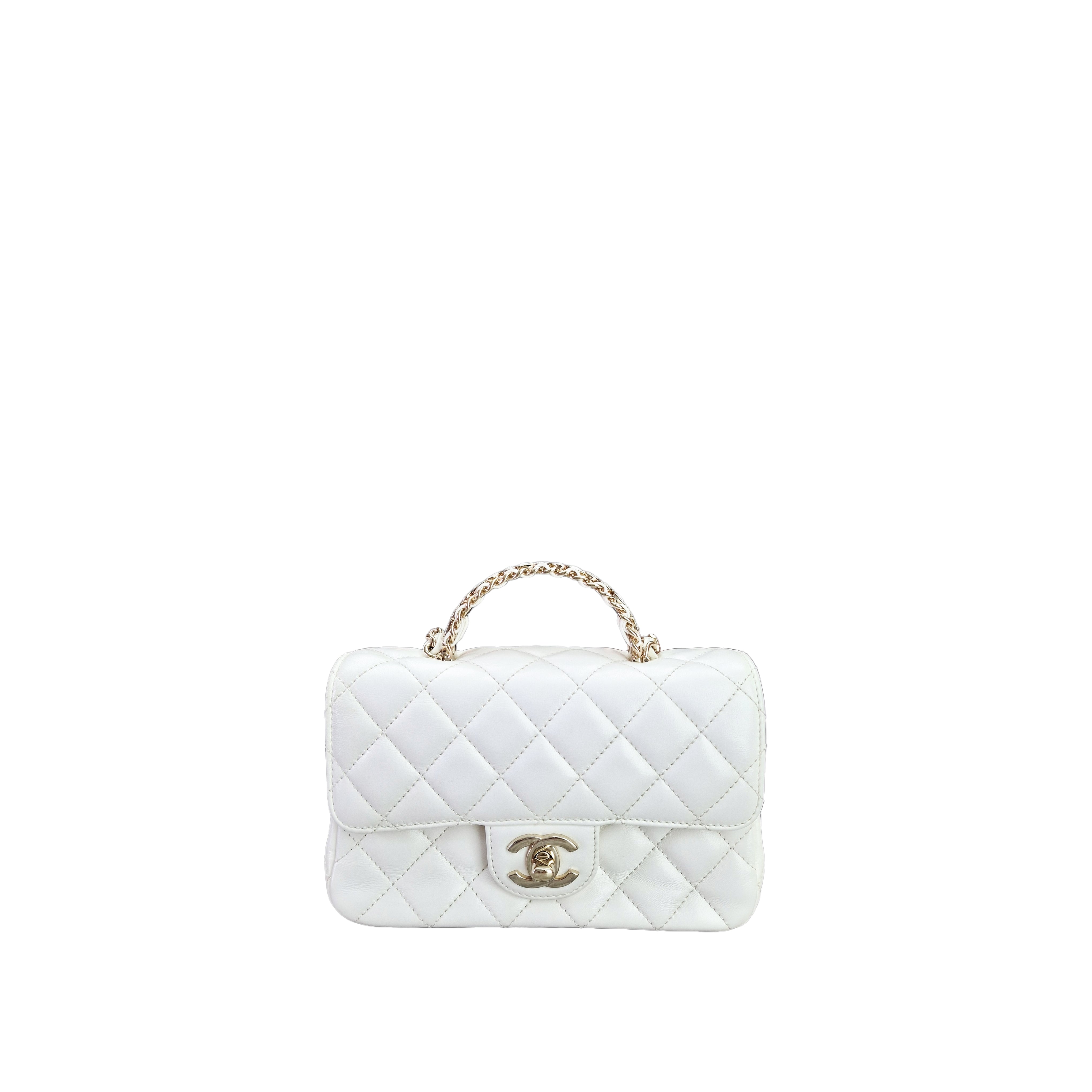 CHANEL Quilted Mini Crystal Top Handle Lambskin GHW (white）