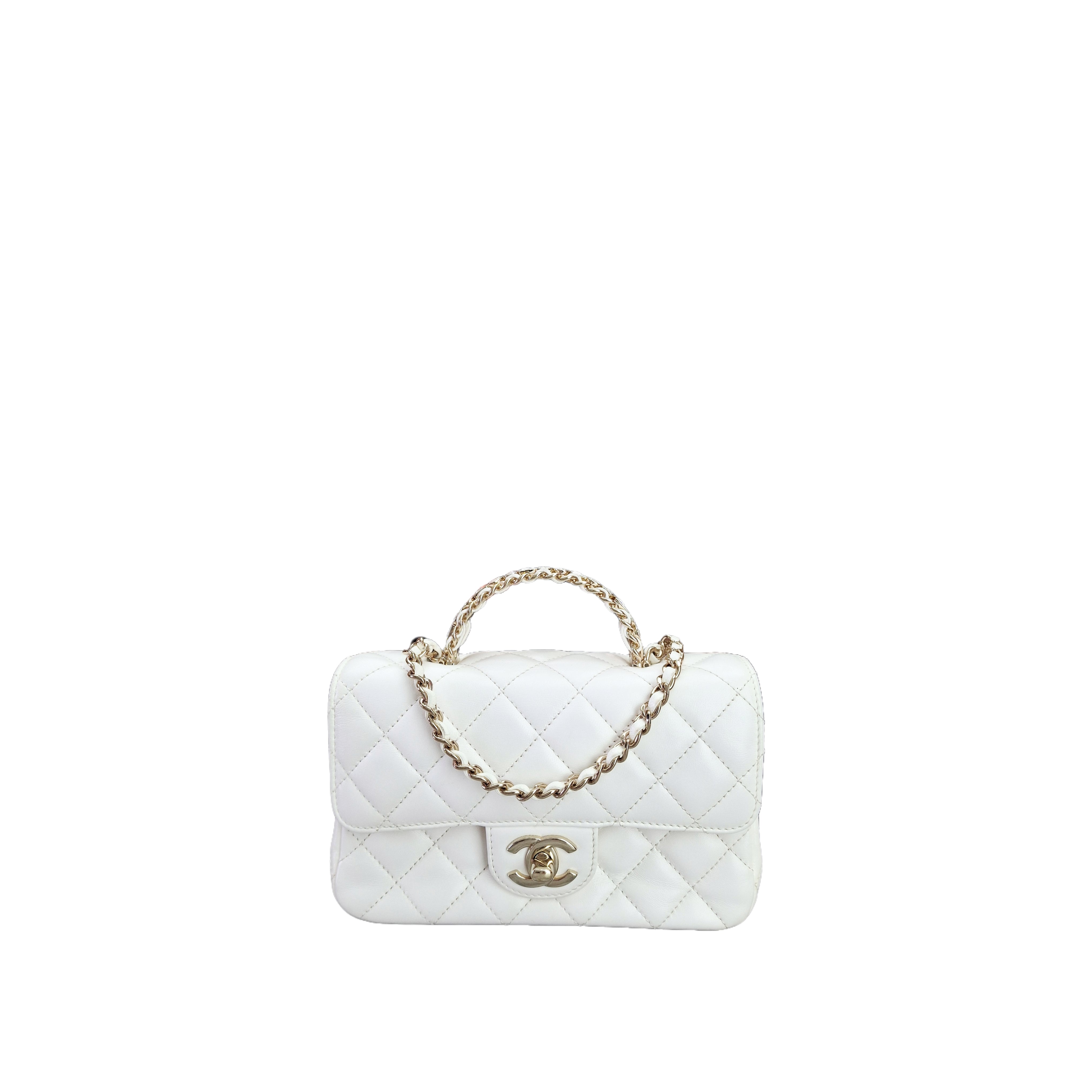 CHANEL Quilted Mini Crystal Top Handle Lambskin GHW (white）