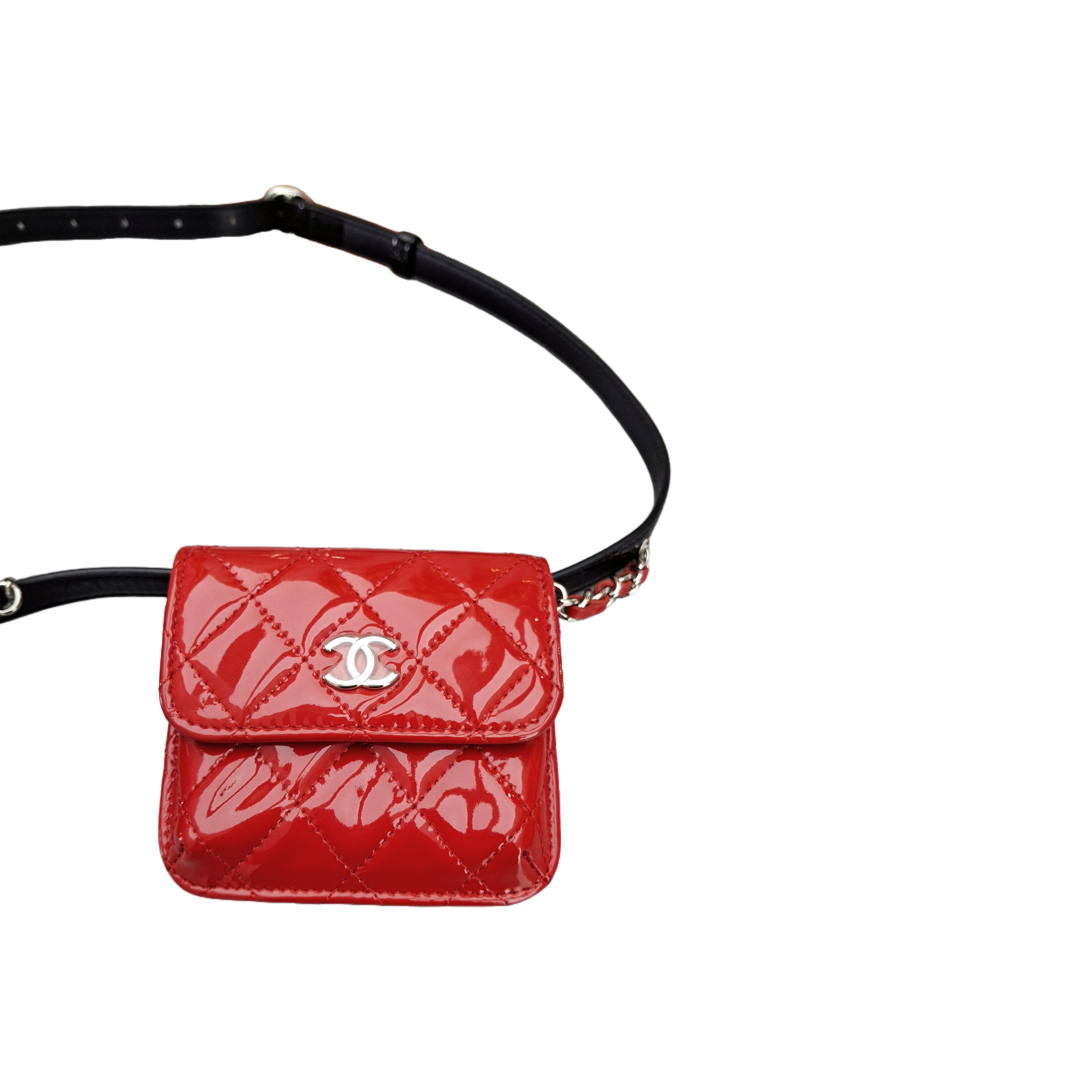 chanel Quilted Belt in Double Mini Flap Waist Bag Patent Calfskin SHW (Black/Red)