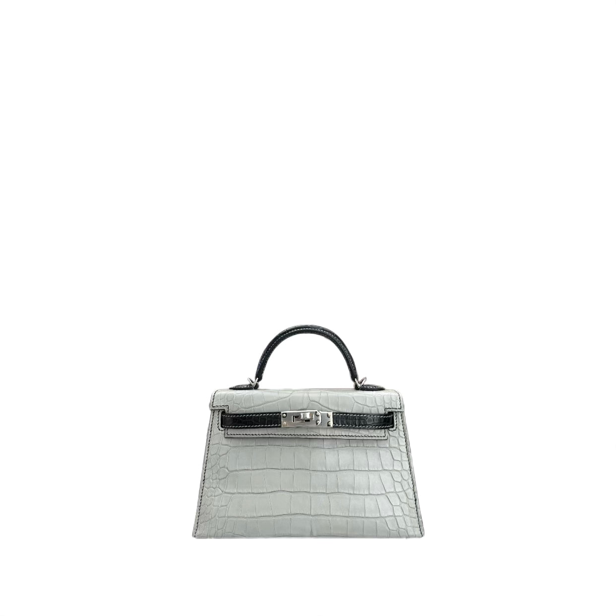 Hermès Mini Kelly II Sellier in Bi-color Noir/Gris Perle (Pearl Gray) Matte Alligator SHW B Stamp