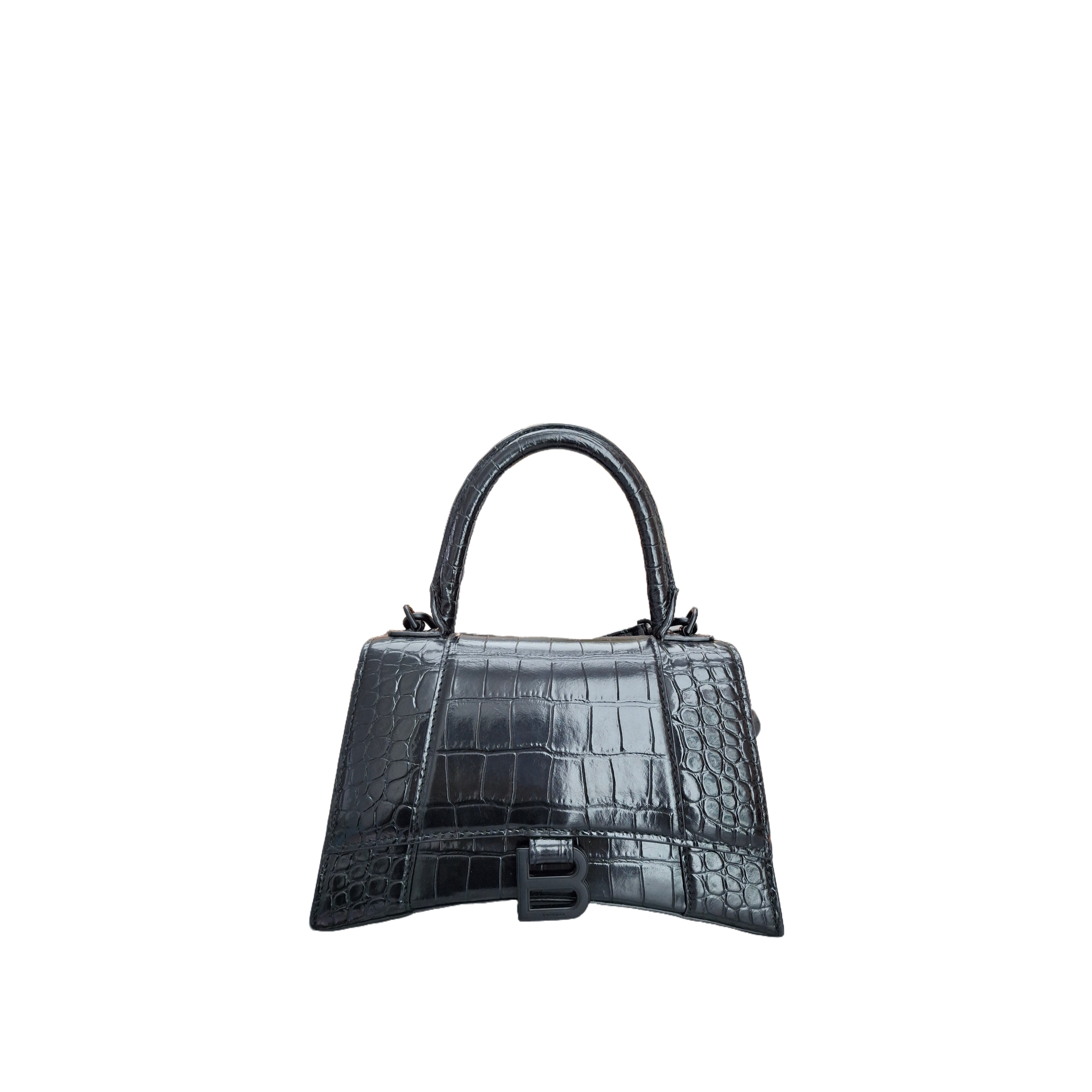 Balenciaga Hourglass Handbag Crocodile Embossed Calfskin Shiny in Black