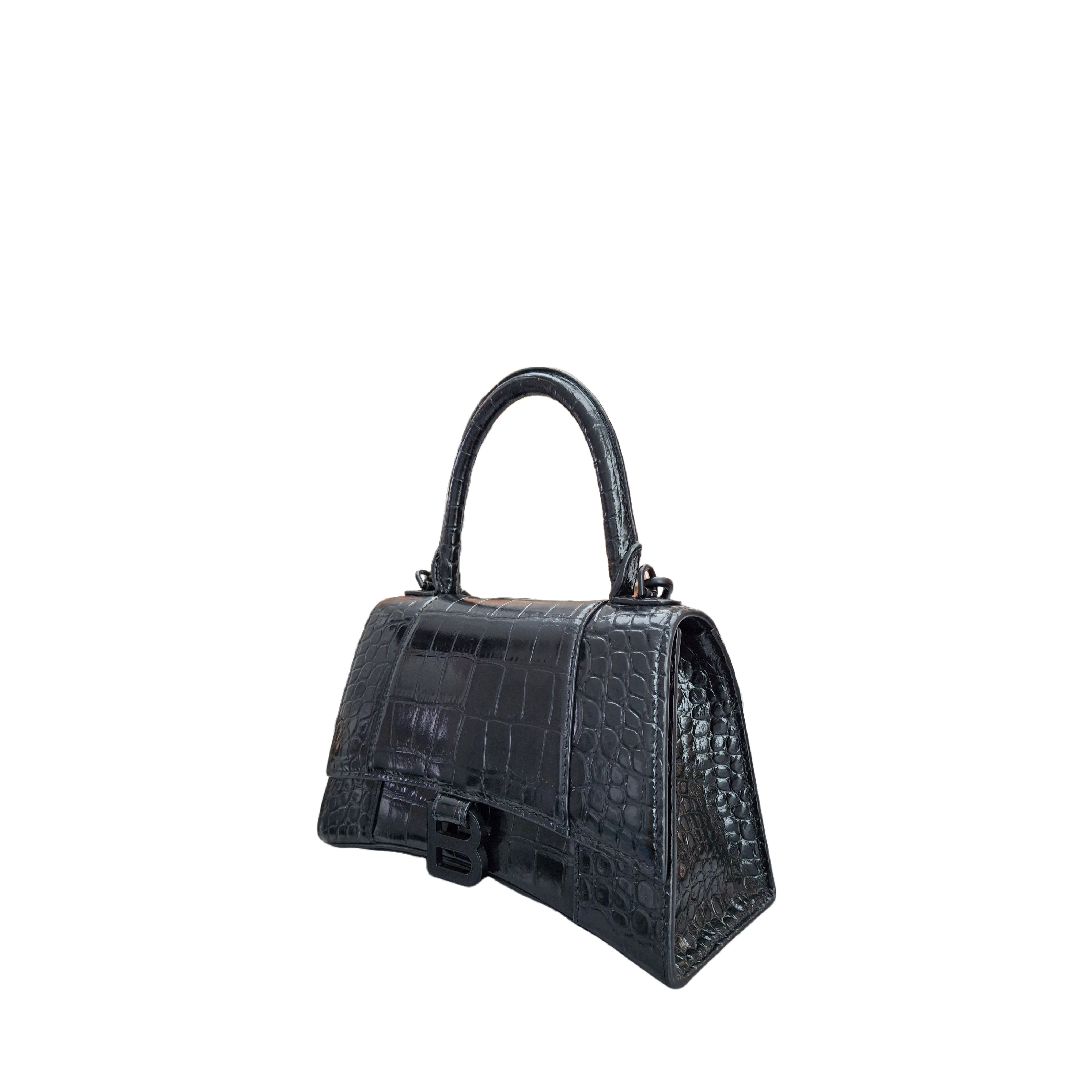 Balenciaga Hourglass Handbag Crocodile Embossed Calfskin Shiny in Black