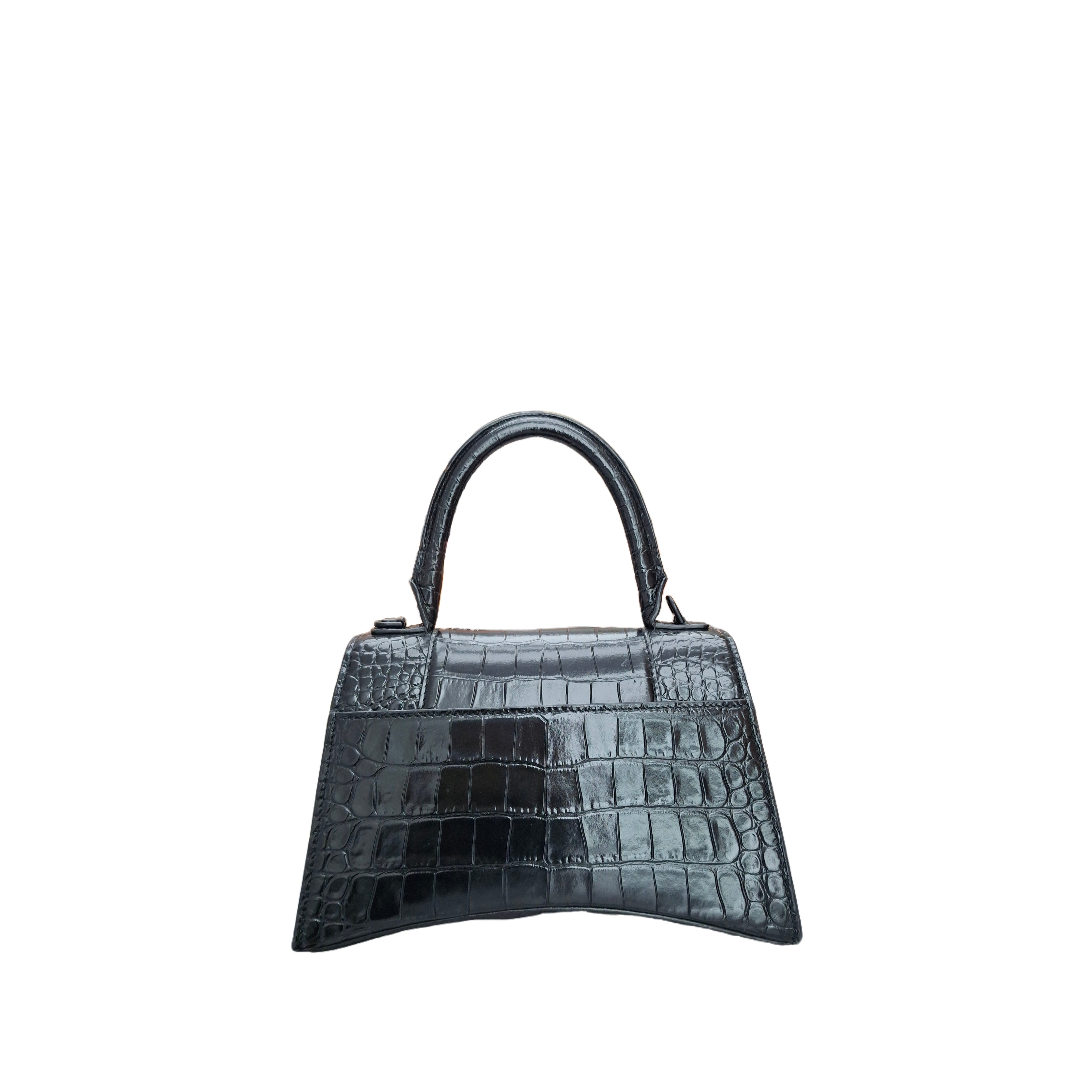 Balenciaga Hourglass Handbag Crocodile Embossed Calfskin Shiny in Black