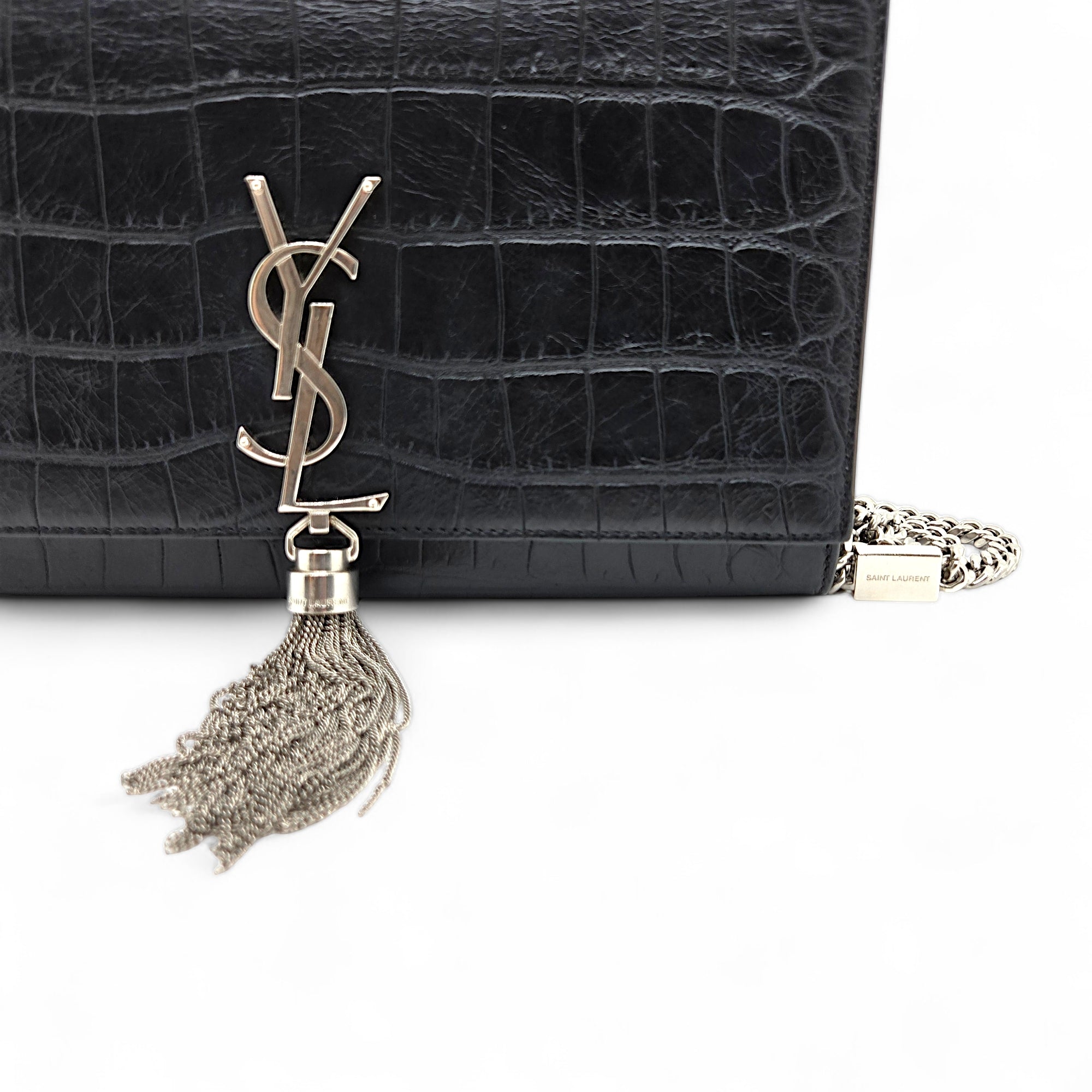 Saint Laurent Kate Tassel Medium Croc Embossed Black Chain Bag