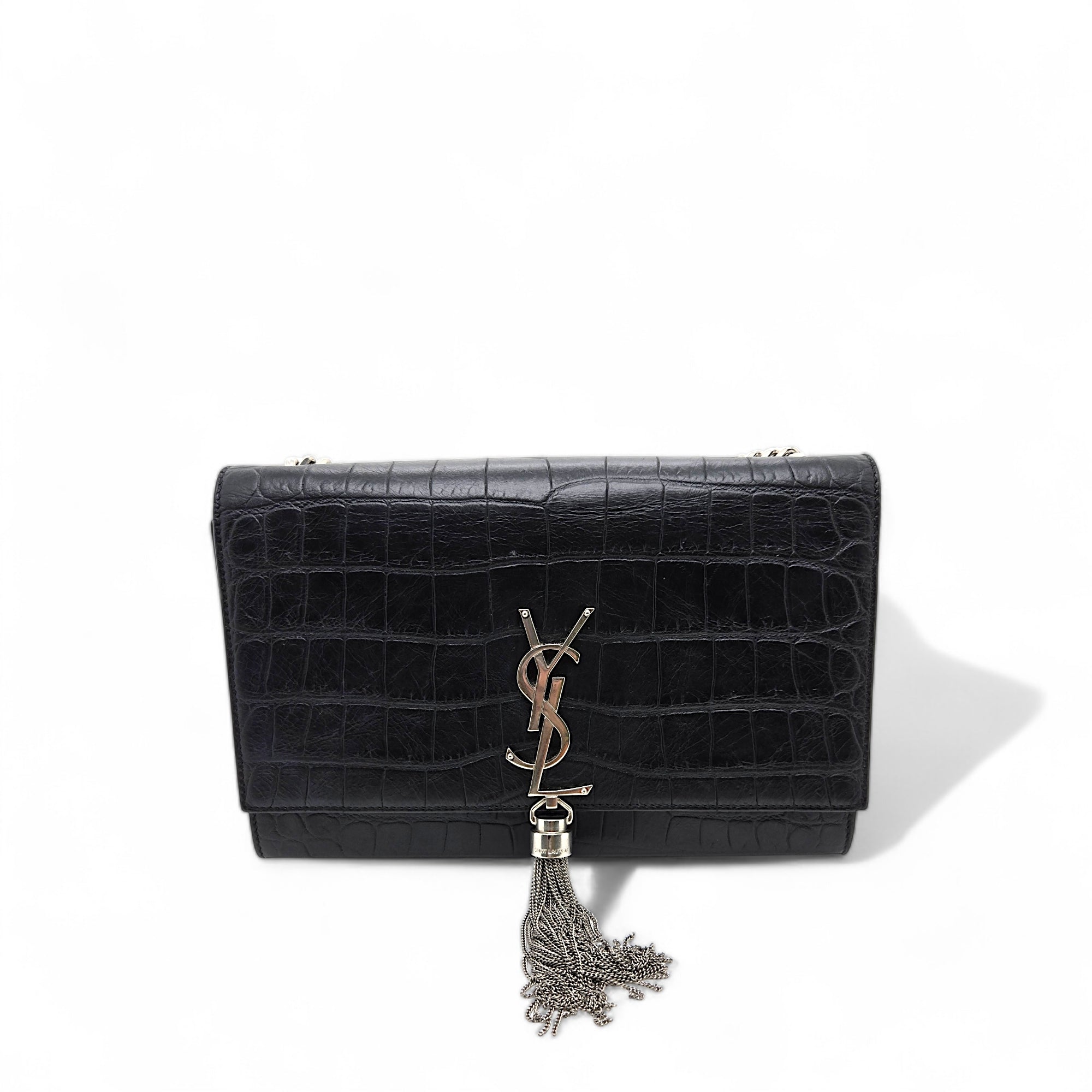 Saint Laurent Kate Tassel Medium Croc Embossed Black Chain Bag