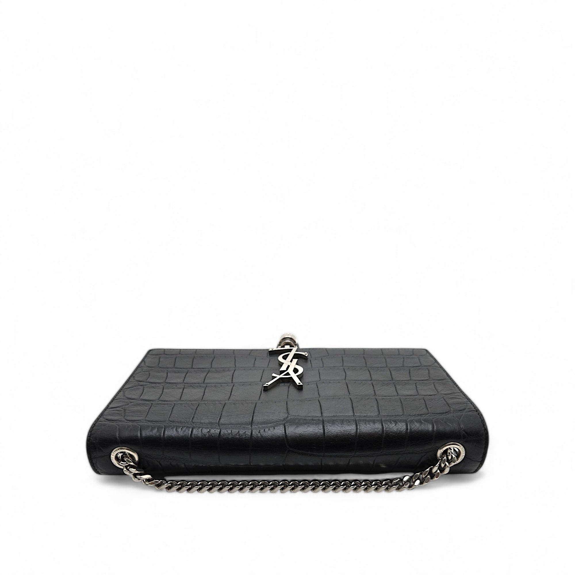 Saint Laurent Kate Tassel Medium Croc Embossed Black Chain Bag