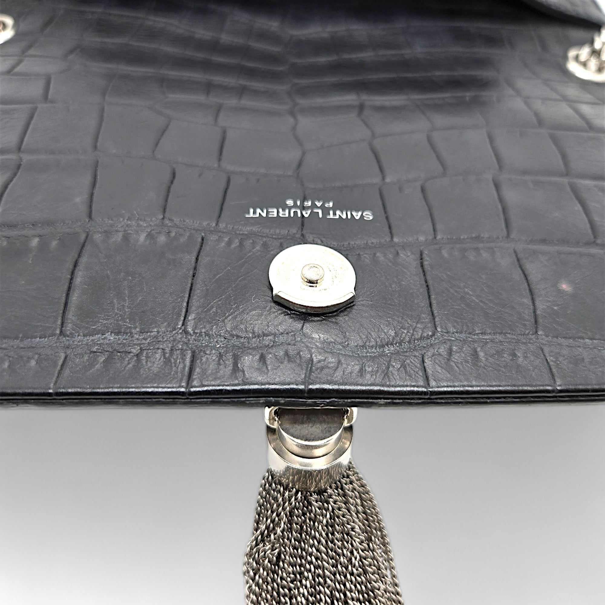 Saint Laurent Kate Tassel Medium Croc Embossed Black Chain Bag