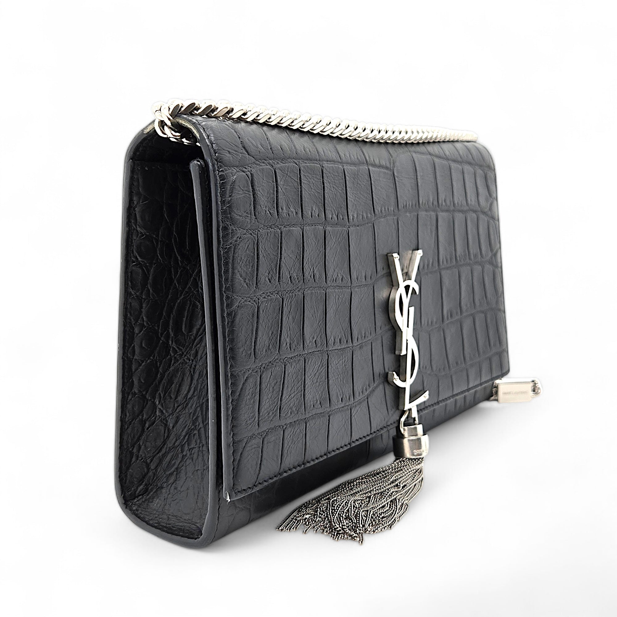 Saint Laurent Kate Tassel Medium Croc Embossed Black Chain Bag