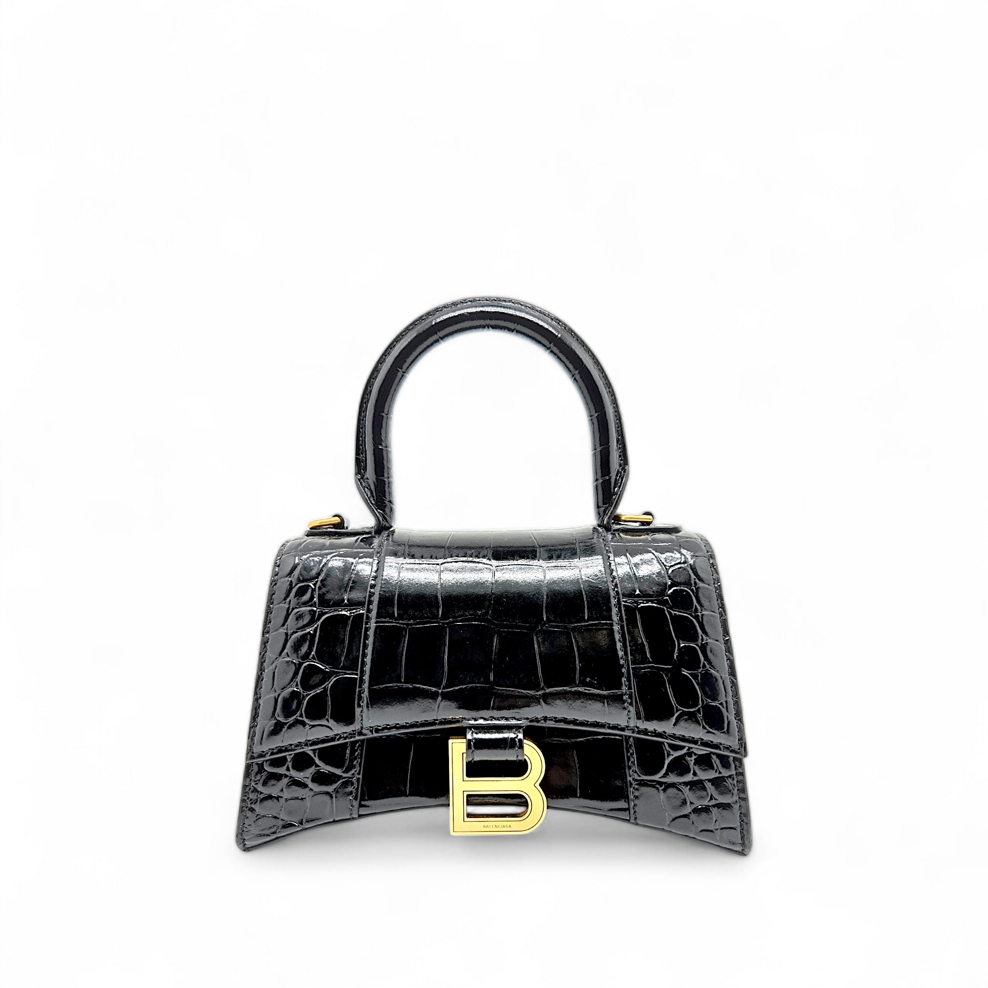 Balenciaga Hourglass Small Handbag Crocodile Embossed in Black