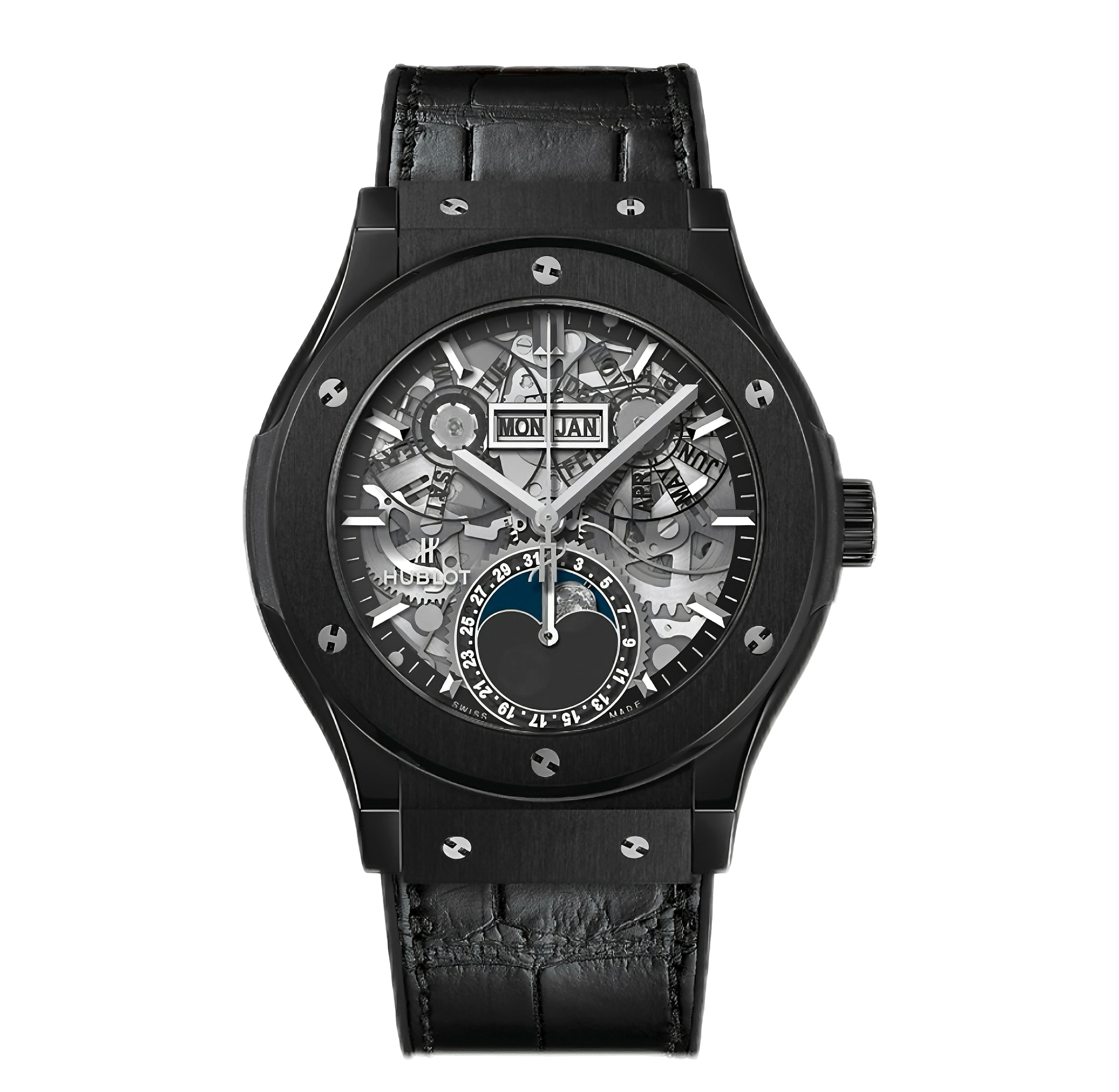 Hublot 547.CX.0170.LR Classic Fusion Aerofusion Moonphase Black Magic 42, Black sapphire dial, Black Rubber and Alligator Leather Straps