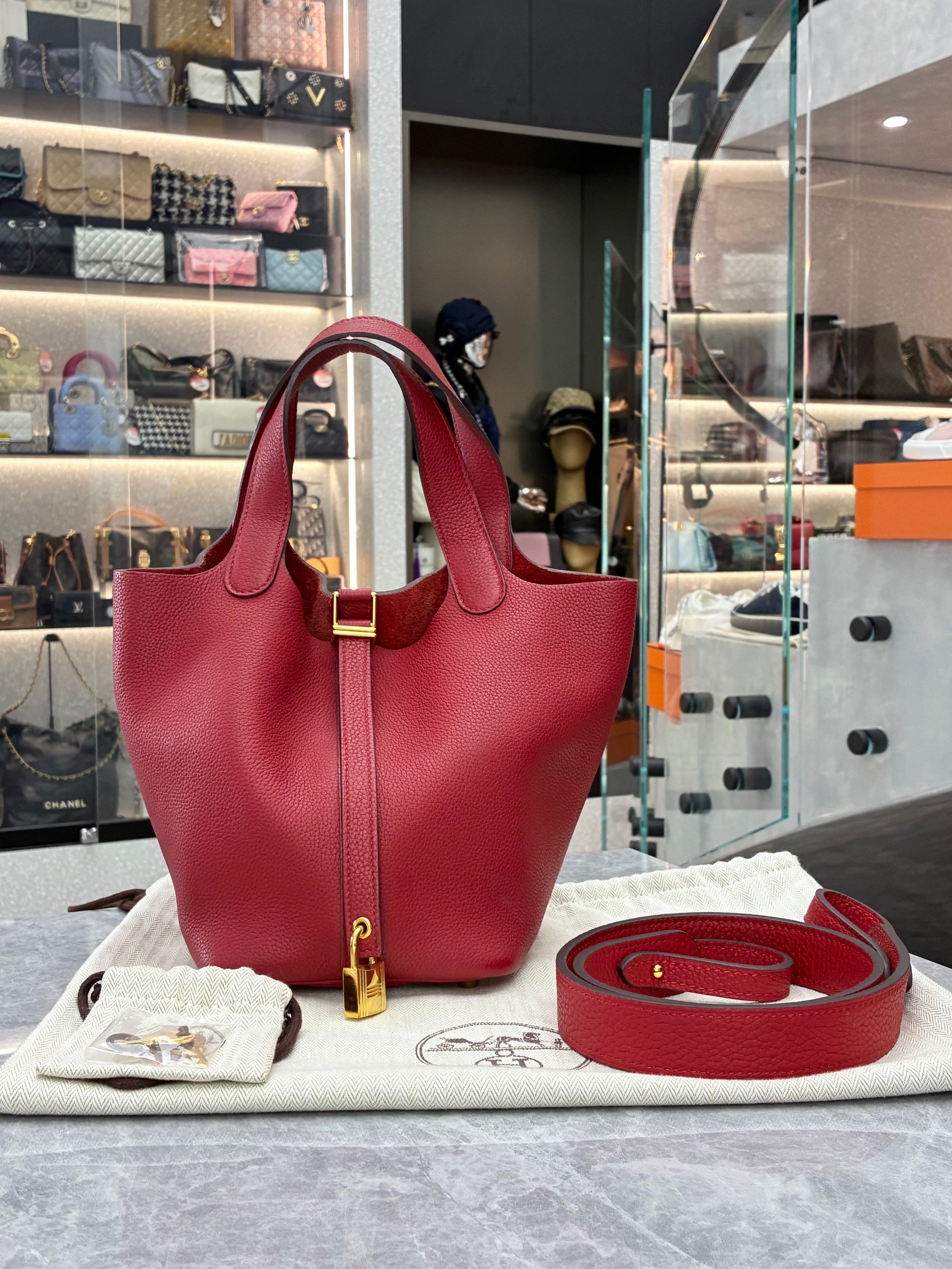HERMES Picotin Lock PM 18 18/ bag Hand Bag Taurillon Clemence Red/SilverHardware