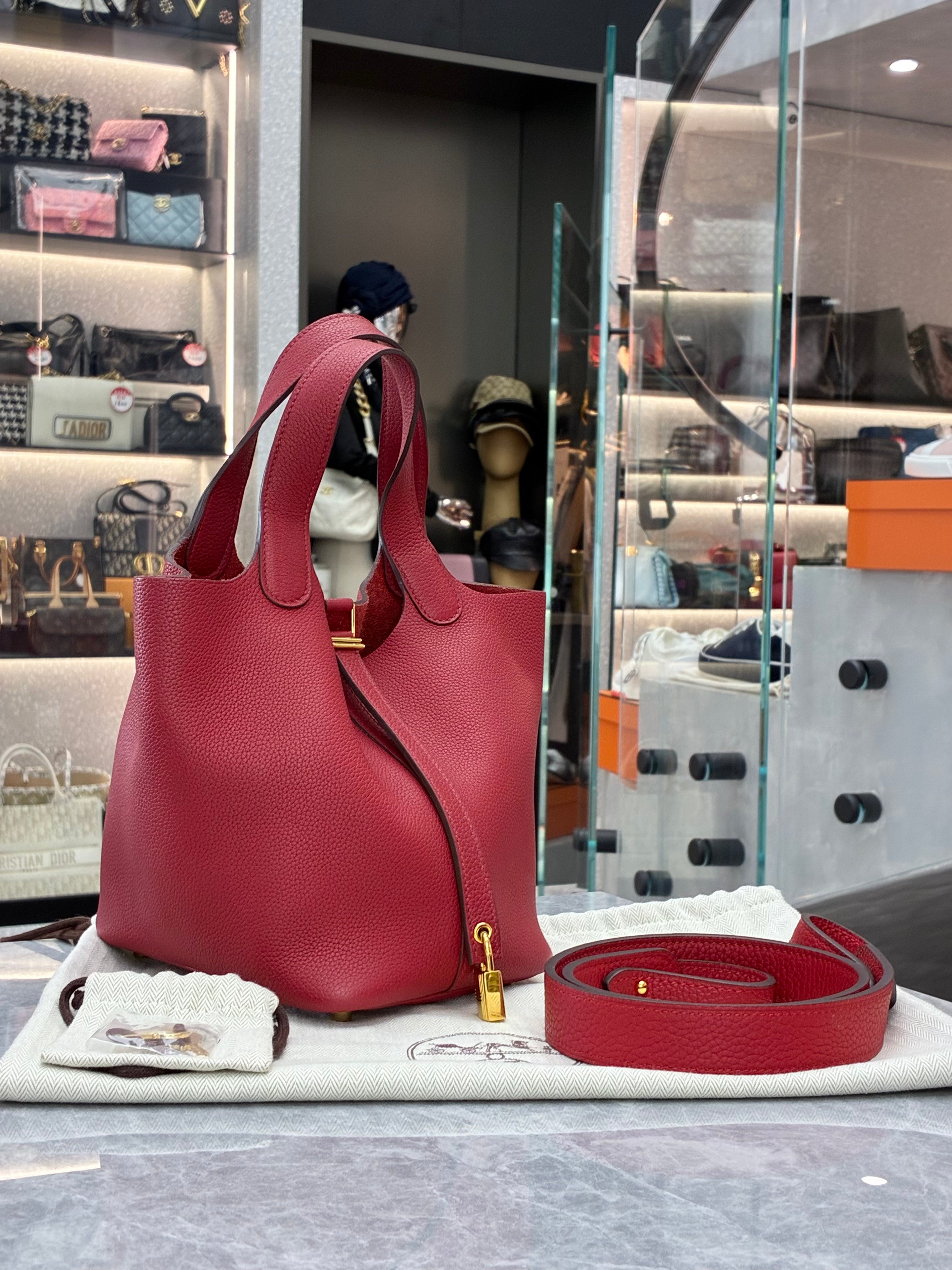 HERMES Picotin Lock PM 18 18/ bag Hand Bag Taurillon Clemence Red/SilverHardware