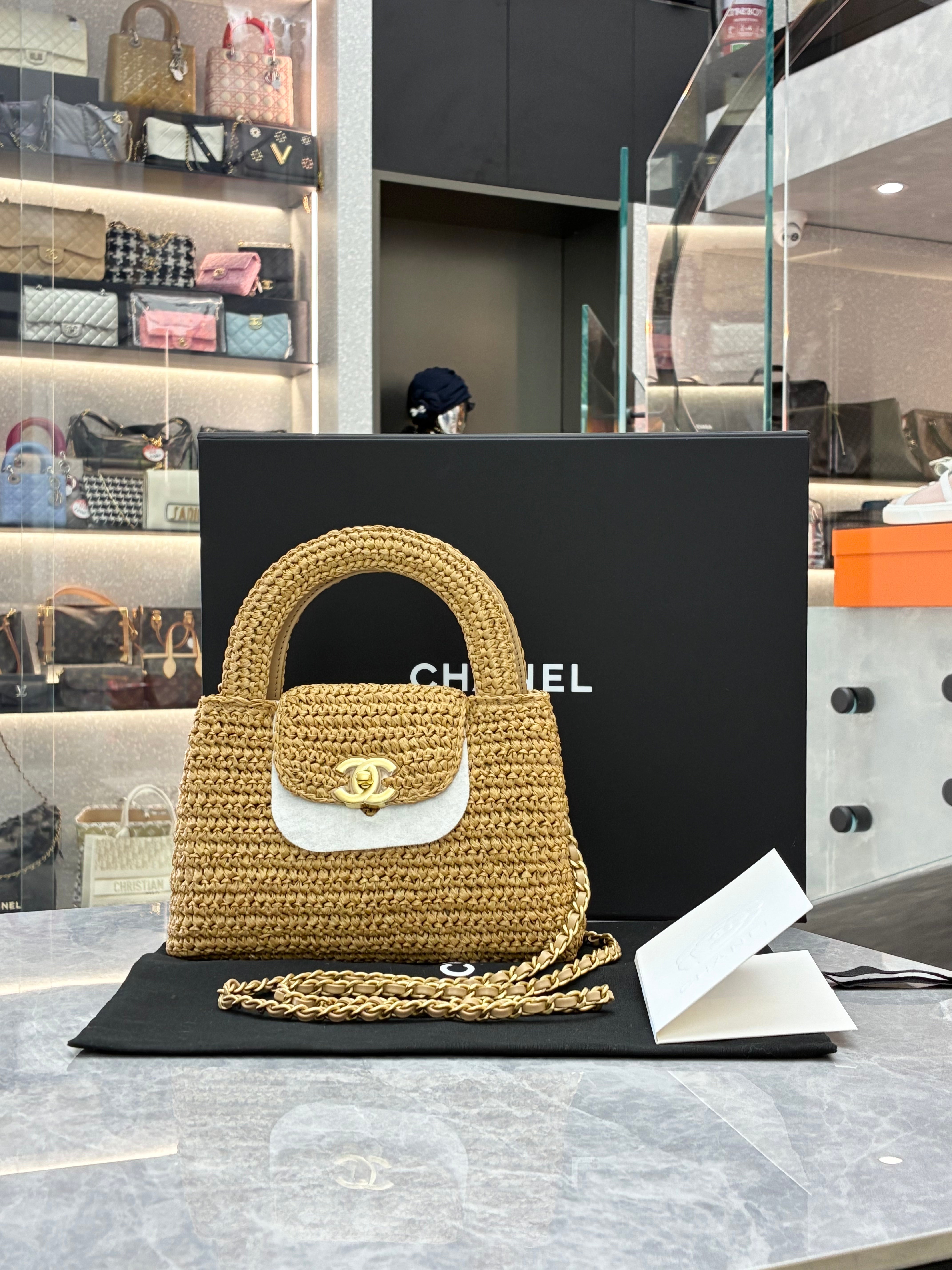 Chanel Cruise 26c Mini Braided Raffia Kelly Bag, dark beige, gold-tone metal hardware