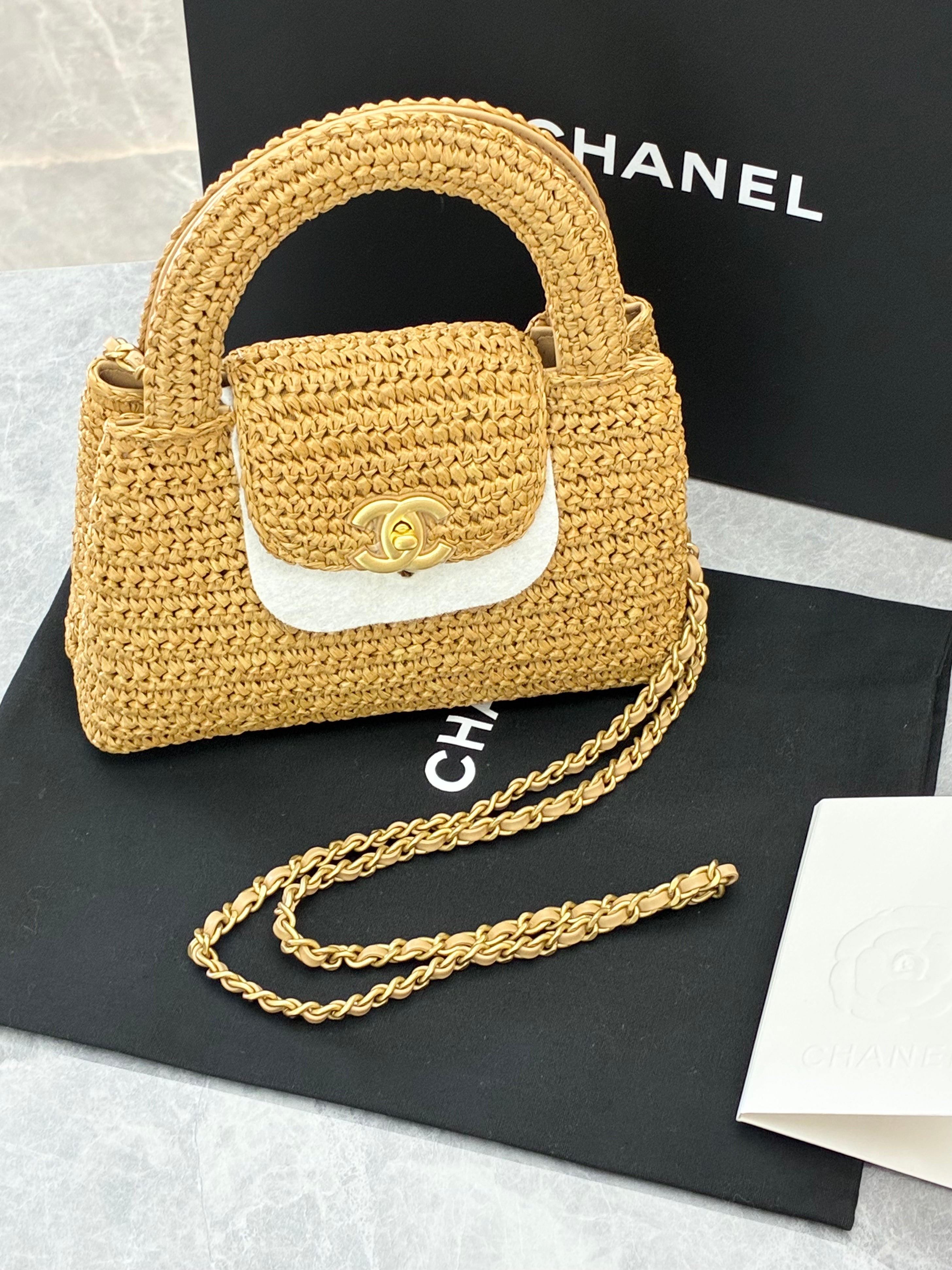 Chanel Cruise 26c Mini Braided Raffia Kelly Bag, dark beige, gold-tone metal hardware