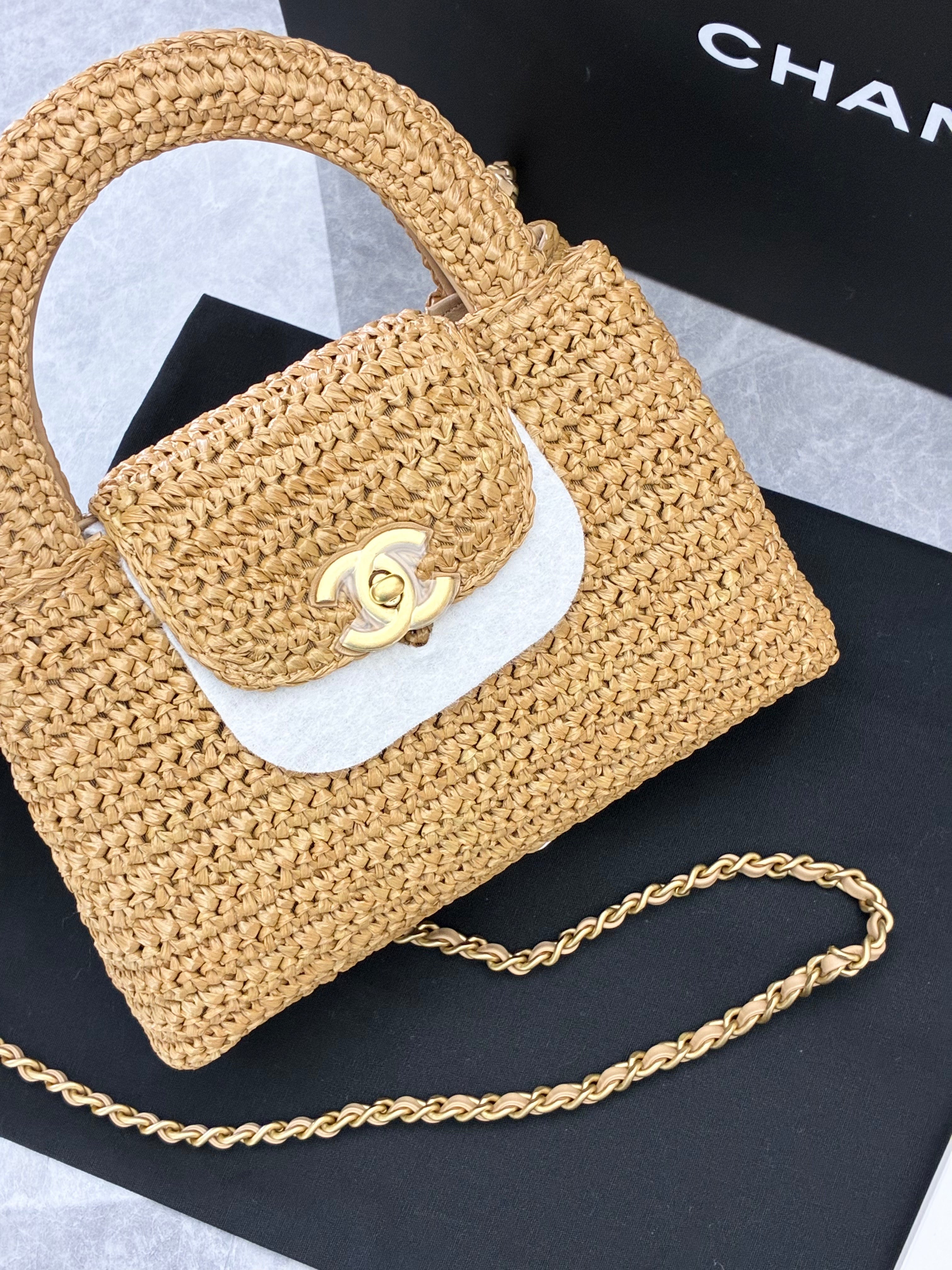 Chanel Cruise 26c Mini Braided Raffia Kelly Bag, dark beige, gold-tone metal hardware