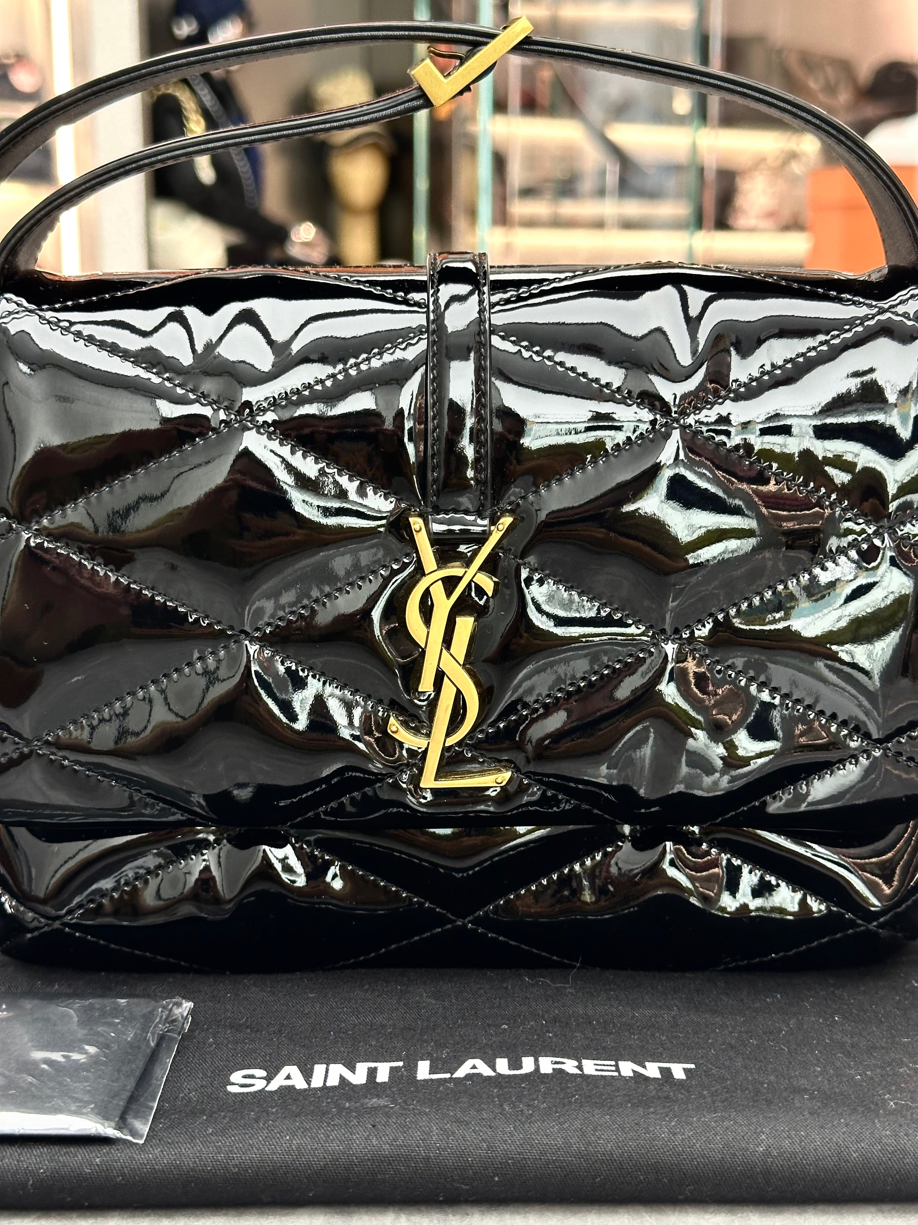 Saint Laurent Le 57 or Le 5 à 7 quilted patent leather shoulder bag in black with gold-toned hardware