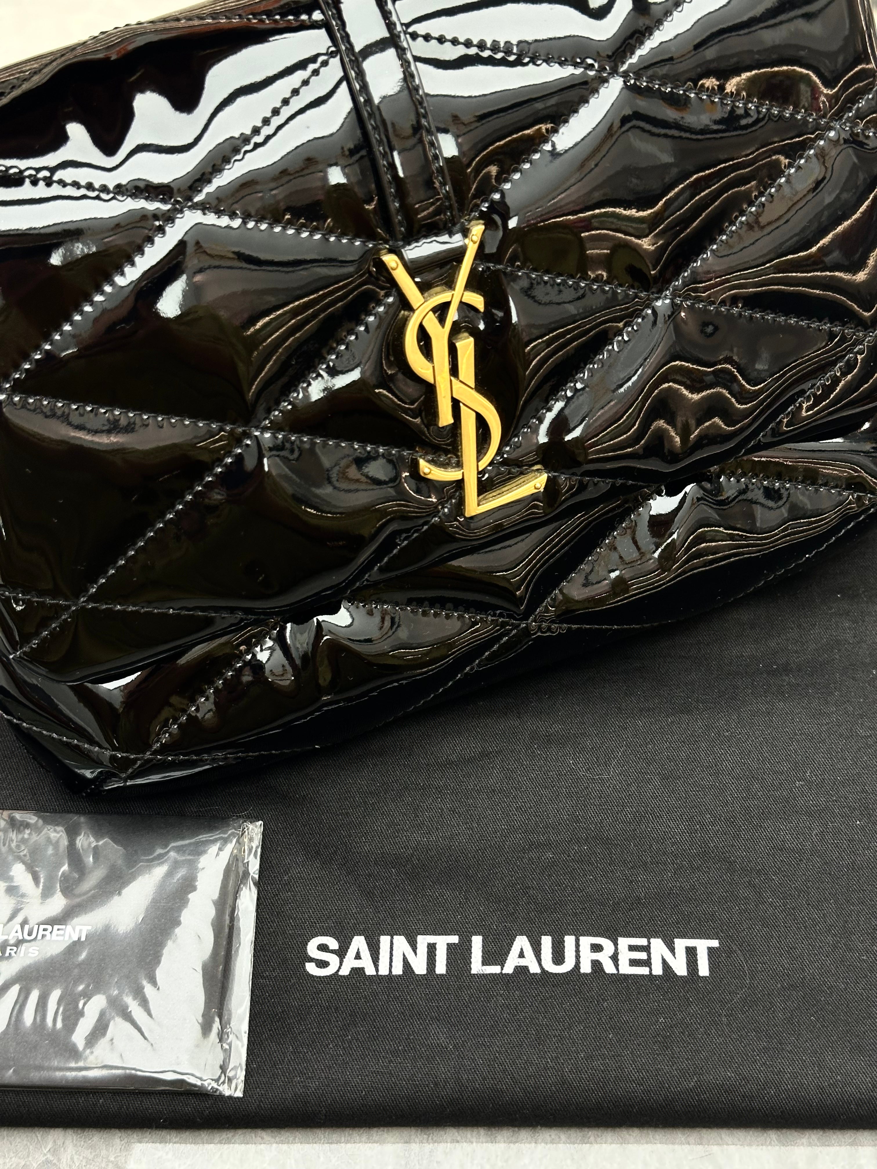 Saint Laurent Le 57 or Le 5 à 7 quilted patent leather shoulder bag in black with gold-toned hardware