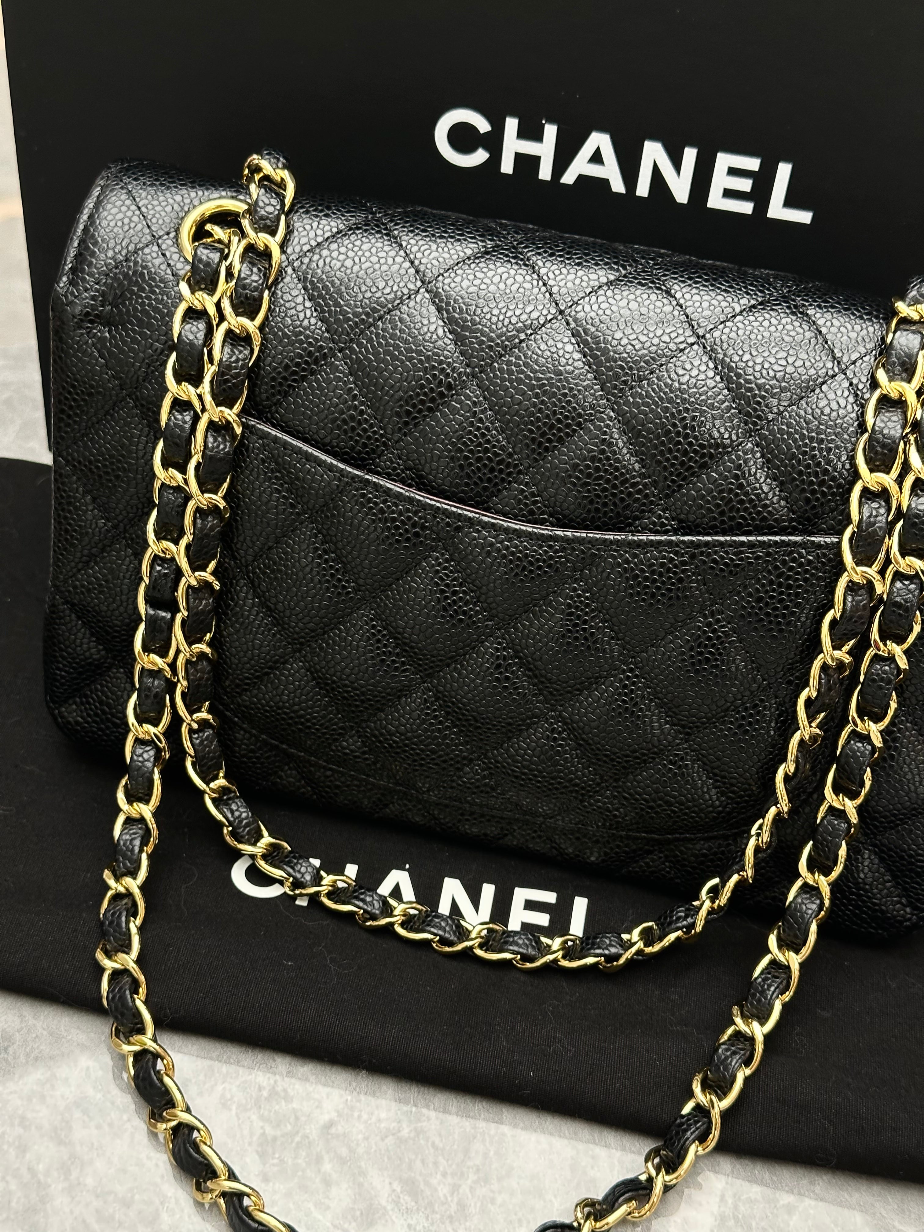 Chanel Classic Flap bag in black caviar leather with gold-tone hardware