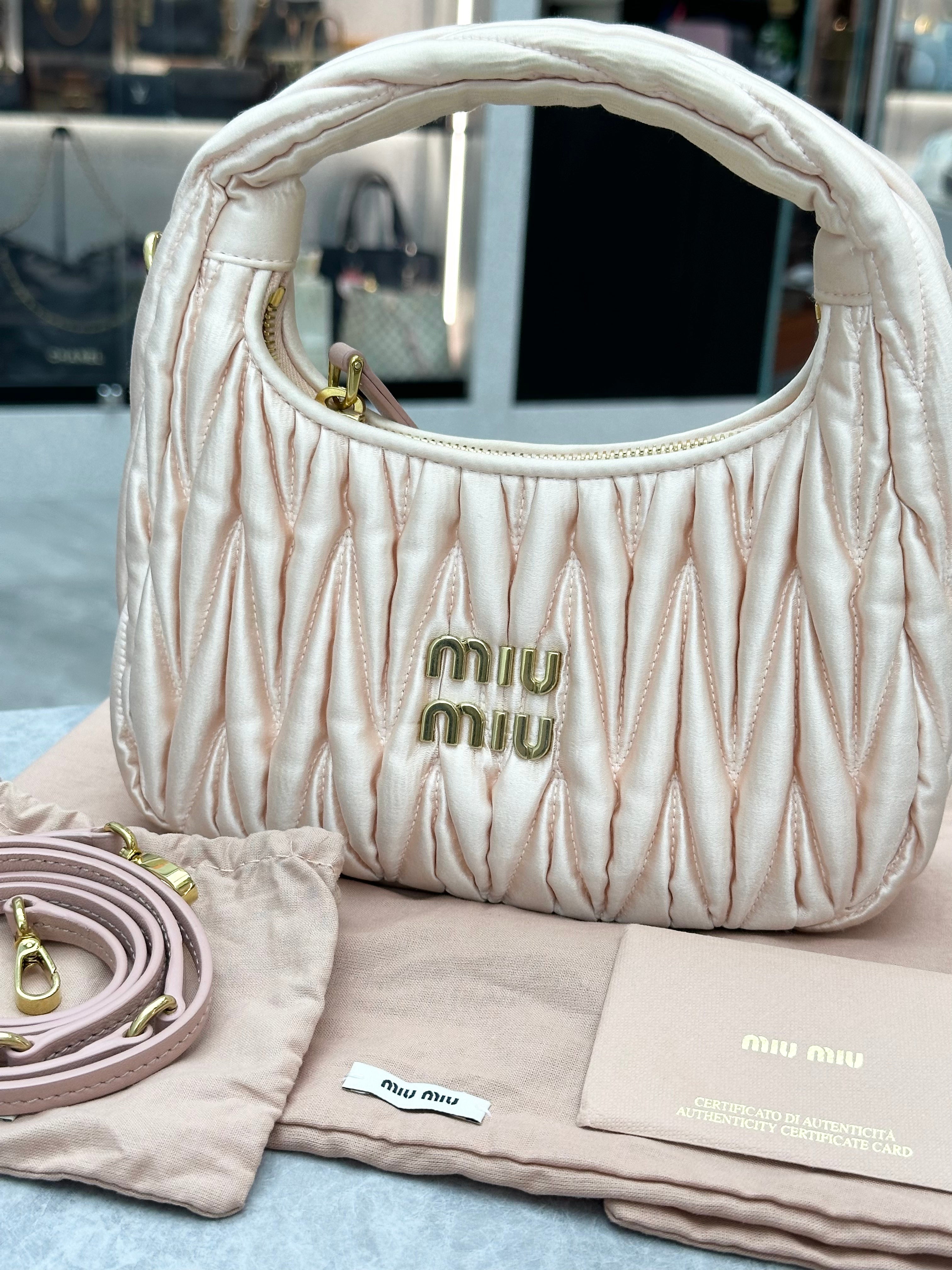 Miu Miu Wander matelassé satin mini-bag in alabaster pink