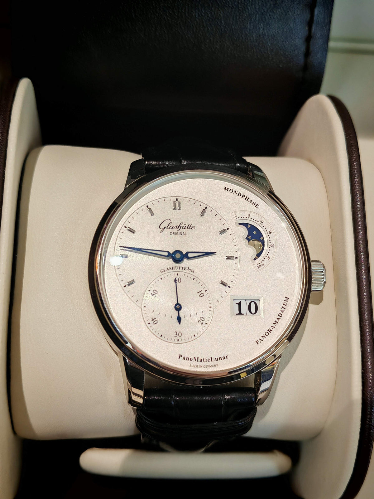 Glashütte Original PanoMaticLunar with a silver dial and blued hands