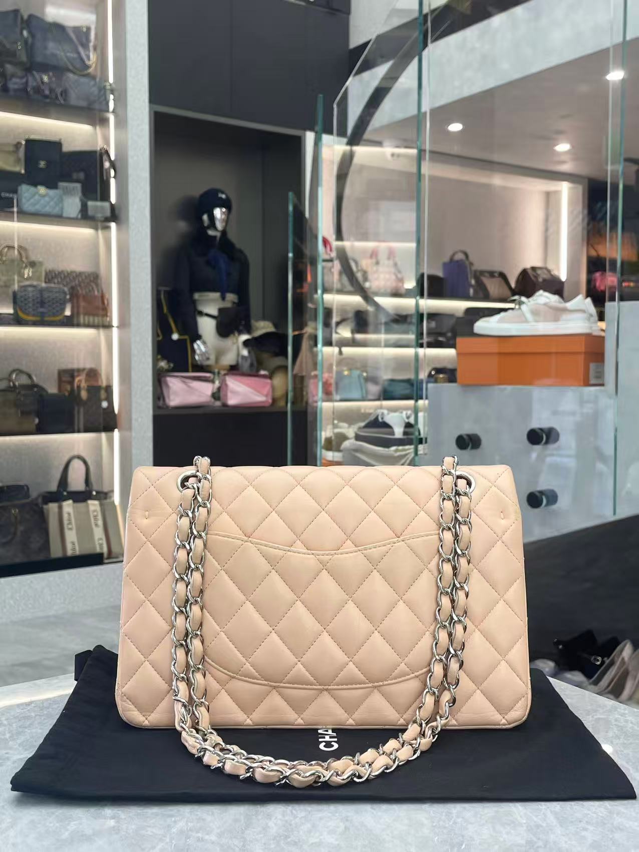 Chanel beige quilted Jumbo Classic Double Flap Bag with silver hardware