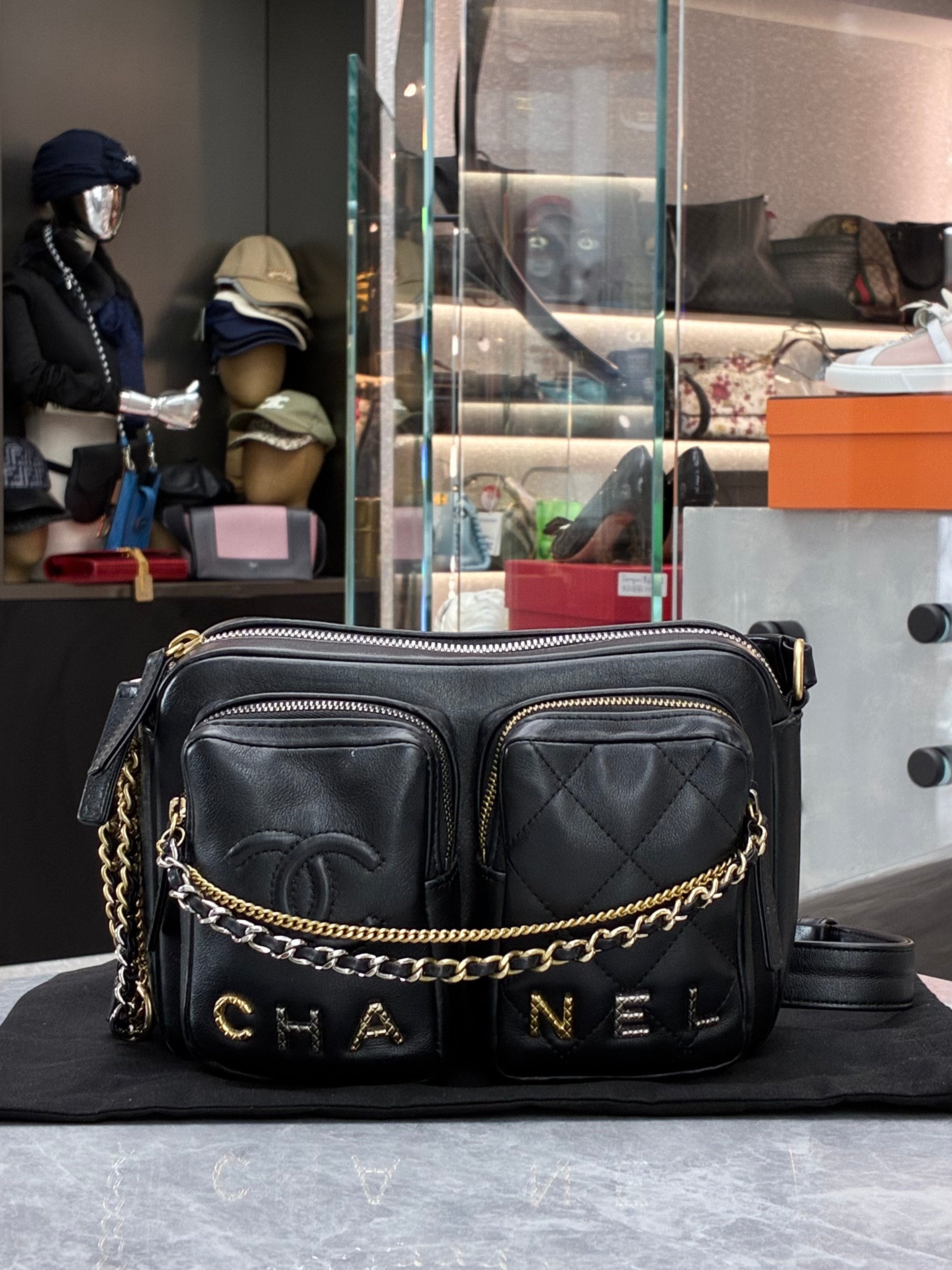 Chanel quilted calfskin small logo twin pockets chain camera case in black