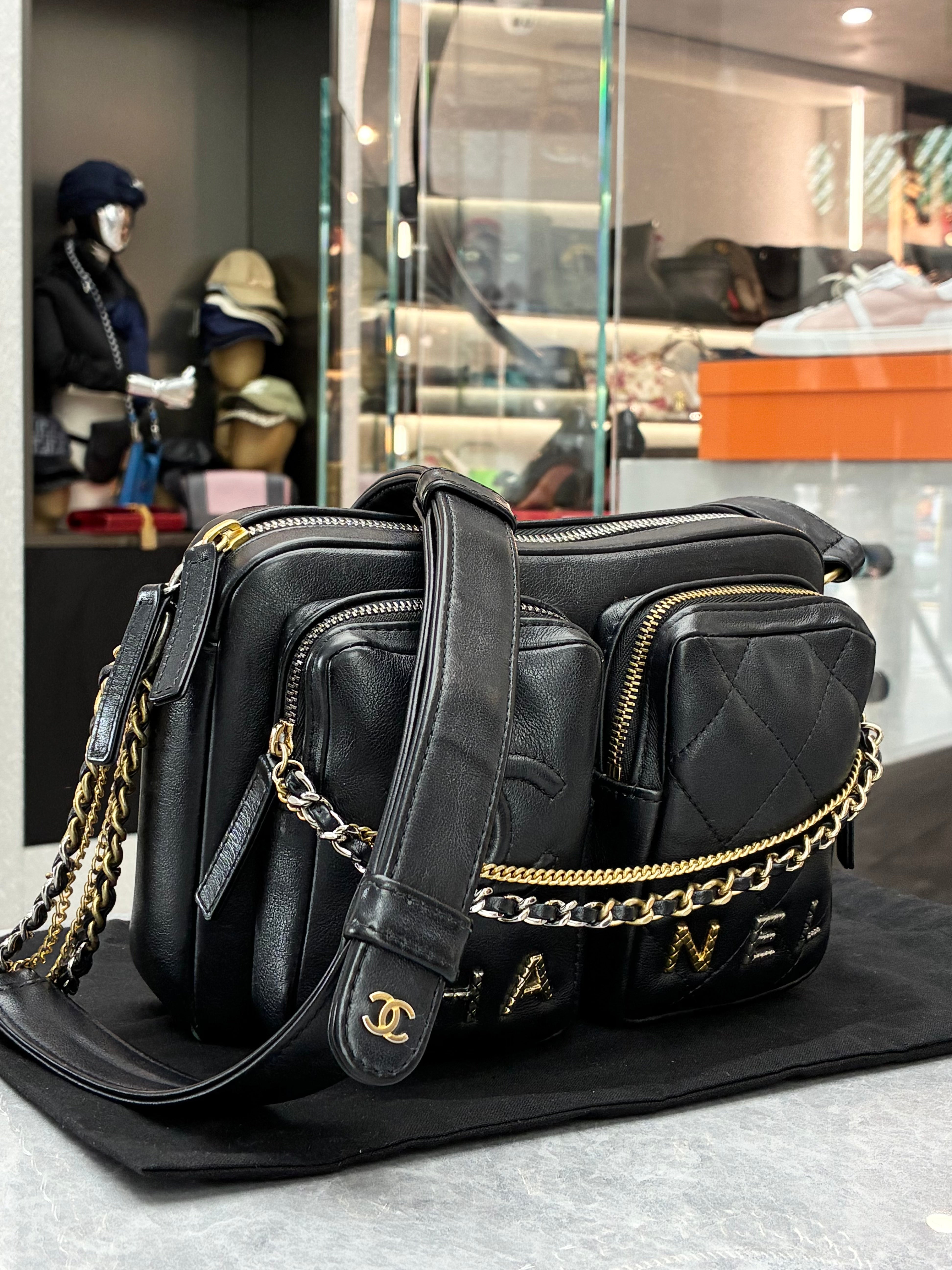 Chanel quilted calfskin small logo twin pockets chain camera case in black