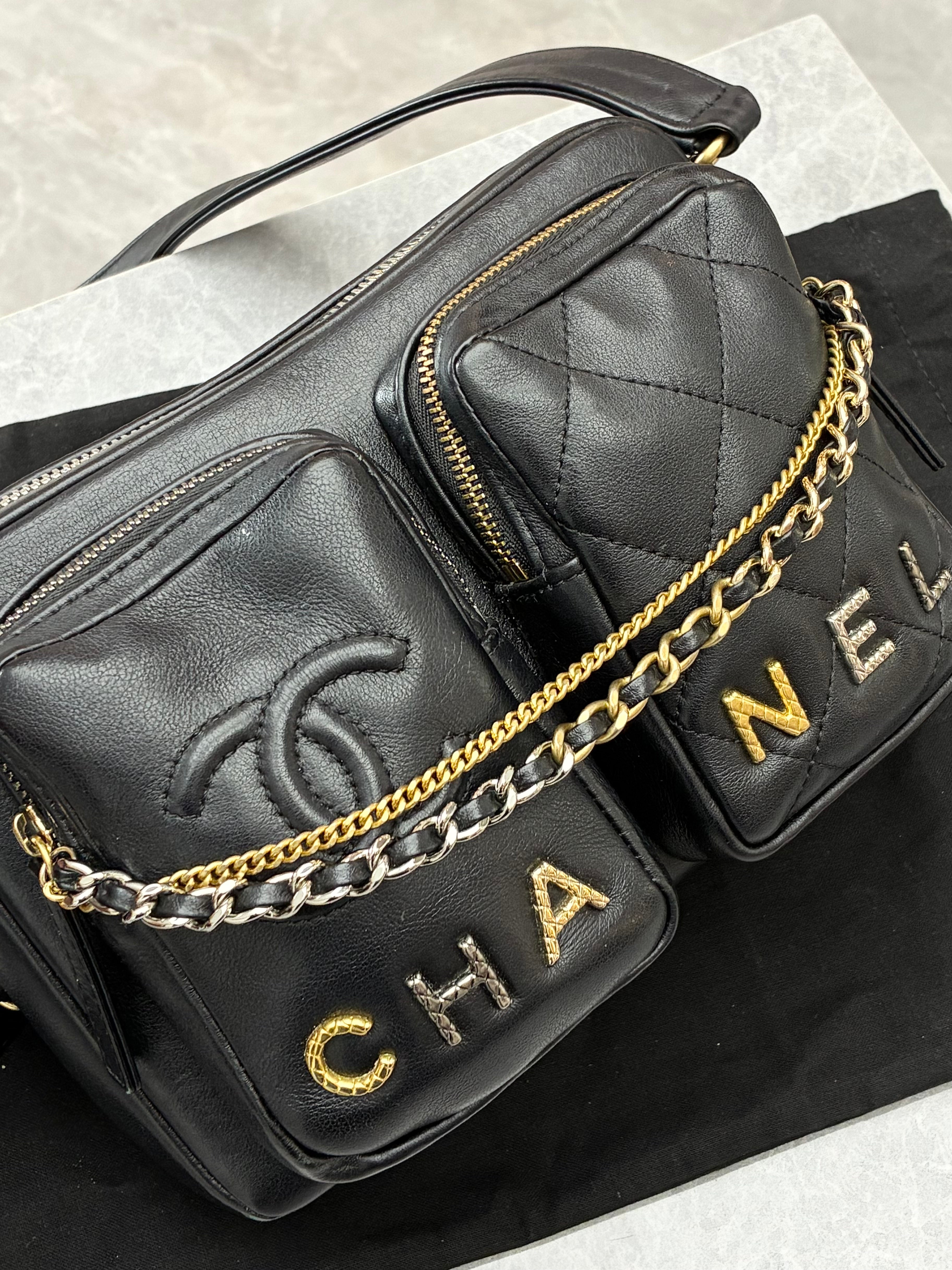 Chanel quilted calfskin small logo twin pockets chain camera case in black