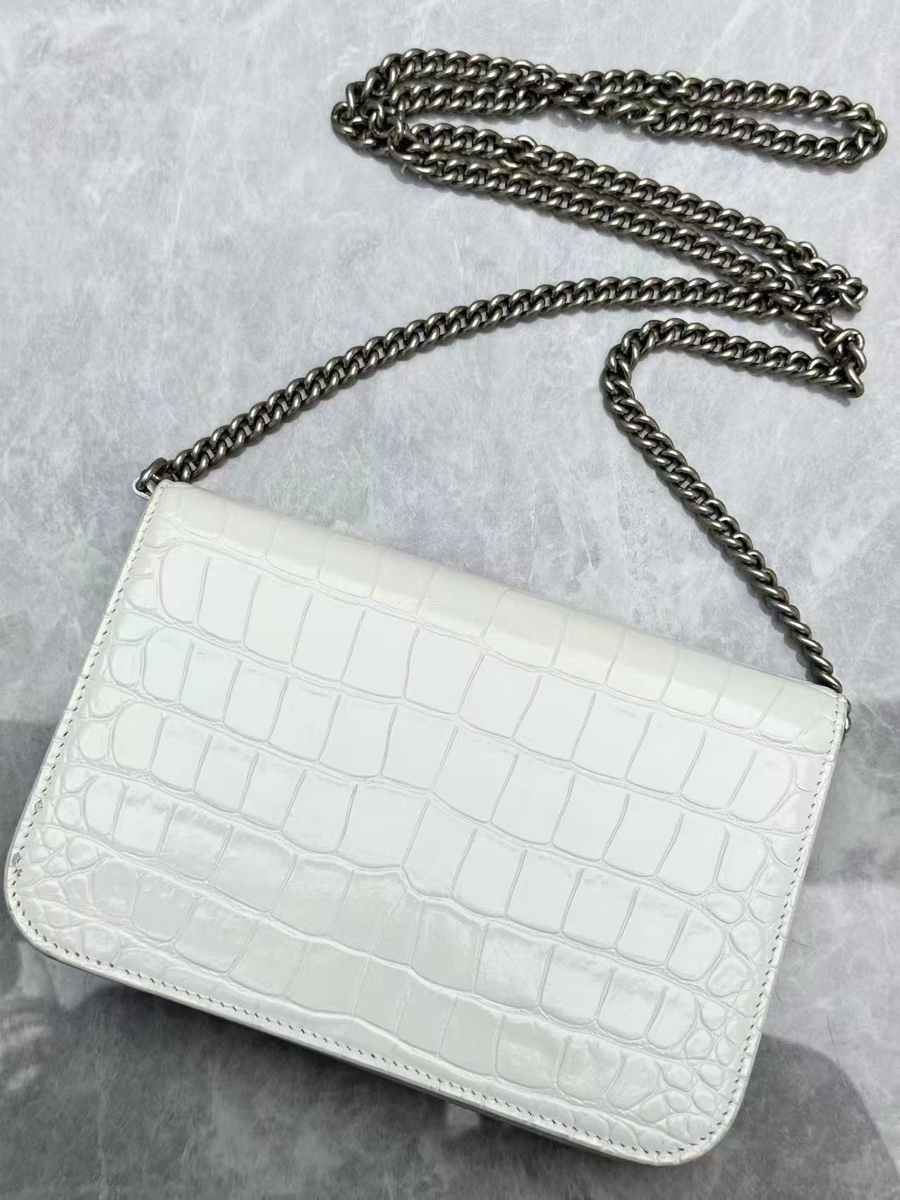 Balenciaga B. crocodile-embossed leather wallet on chain
