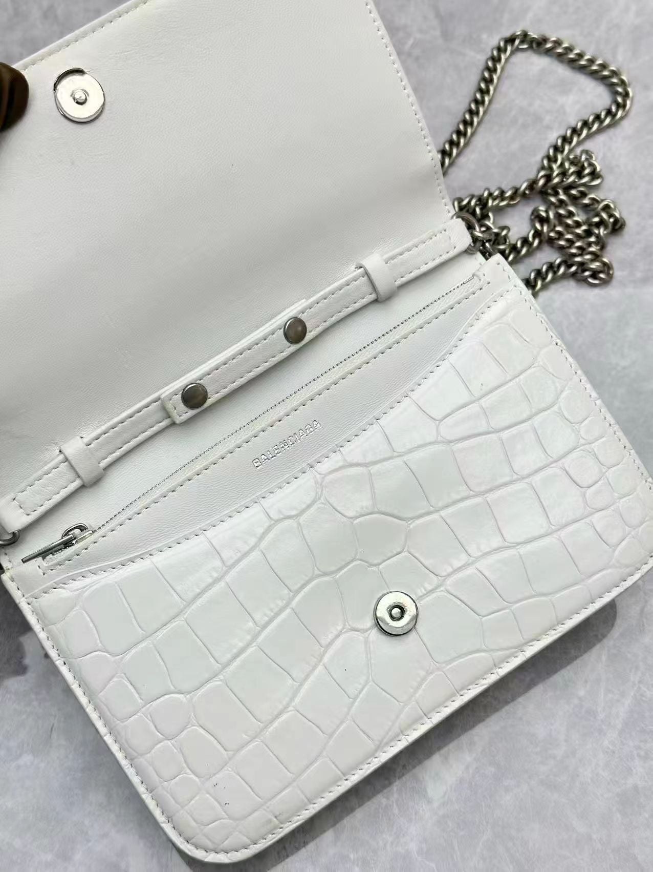 Balenciaga B. crocodile-embossed leather wallet on chain