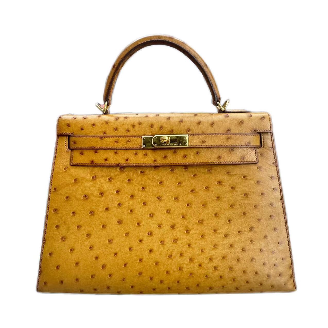 HERMÈS Kelly 28 Ostrich GHW Cognac (dark gold) Square D Stamp