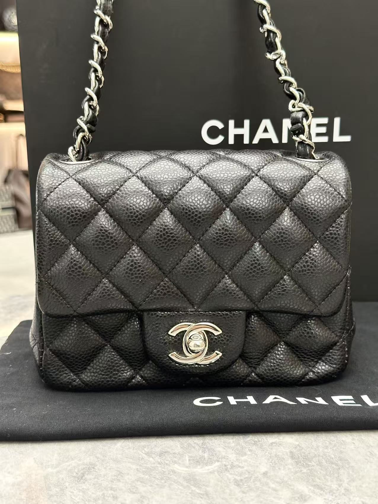 Chanel Classic Flap shoulder bag in quilted black caviar leather with silver-tone hardware