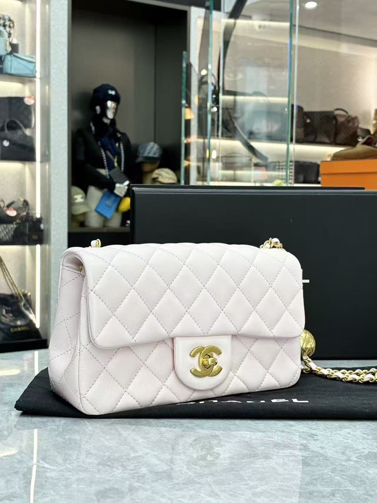 Chanel Classic Flap Mini Rectangular Pearl Crush Bag in light pink lambskin leather