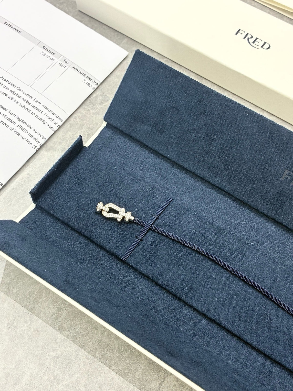 FRED Force 10 Bracelet – 18K White Gold Diamond-Pavé Buckle, Navy Blue Cable, Size 16, Reference 0B0077, Brand New