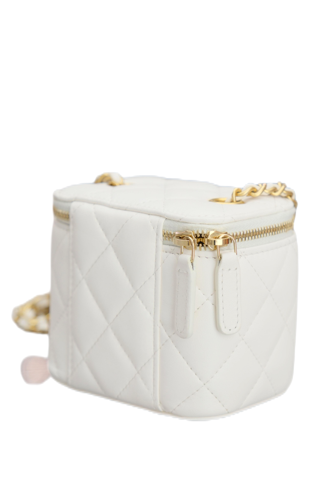 CHANEL MINI Vanity Case with Pearl Crush Clutch with Chain （White Caviar）