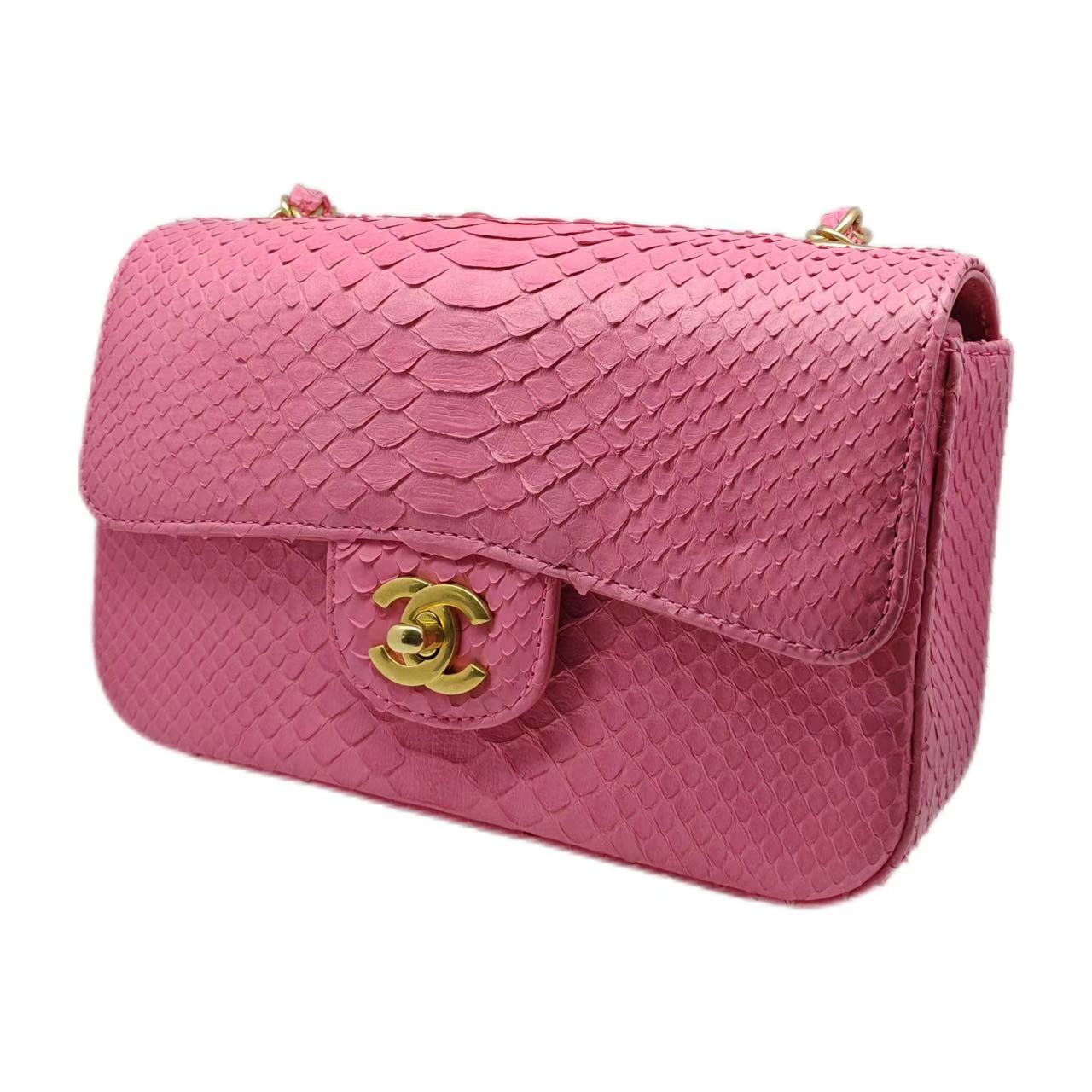 CHANEL mini classic Flap Bag Quilted Python Leather GHW (Dark Pink)